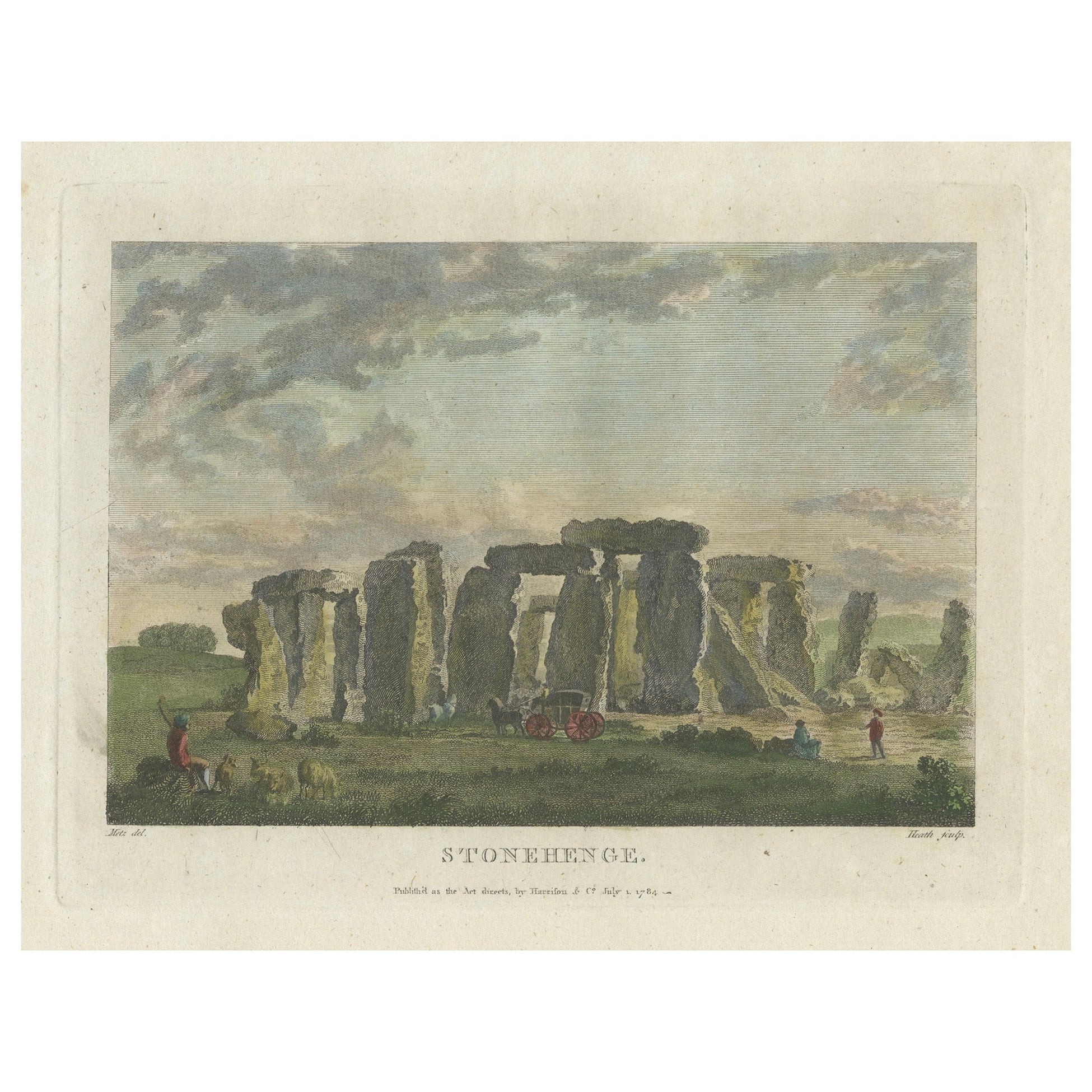 Gravure à la main de Stonehenge : Scène pastorale avec personnages et Coach, 1784