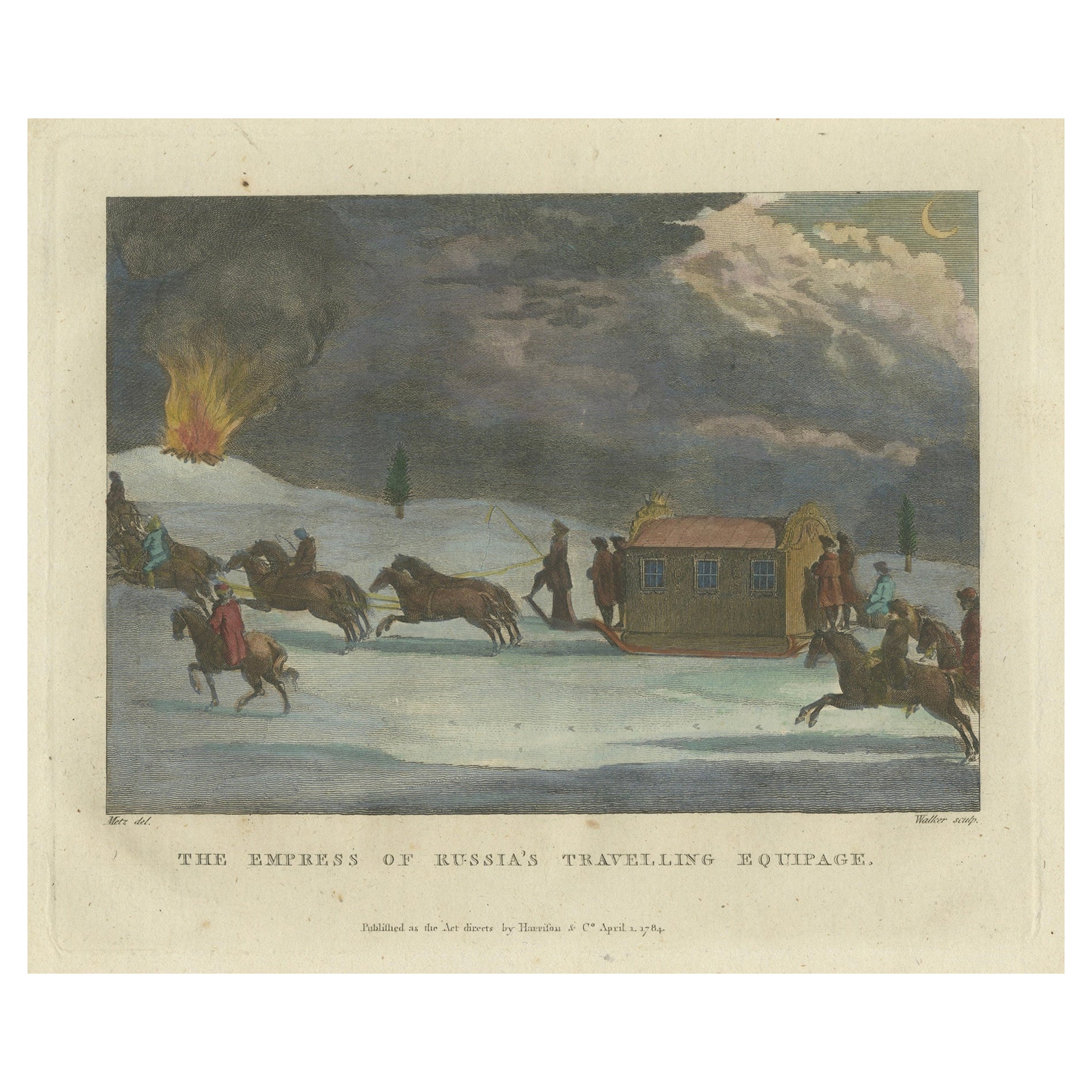 Engraving of the Empress of Russia's Night Carriage Amidst Eruption, 1784 For Sale