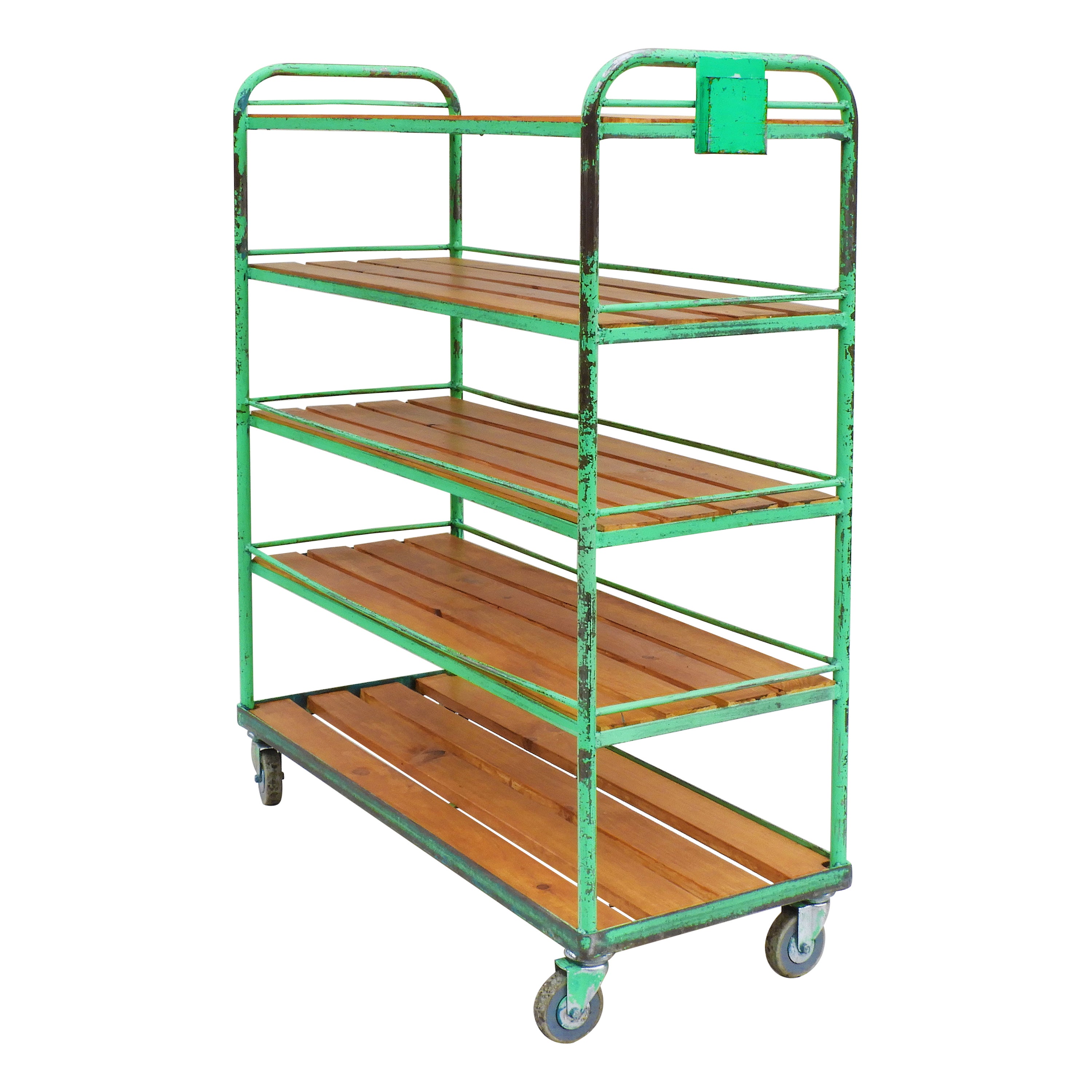 Vintage French Industrial Shelving Rack Rolling Bookcase Cart Factory Trolley  For Sale