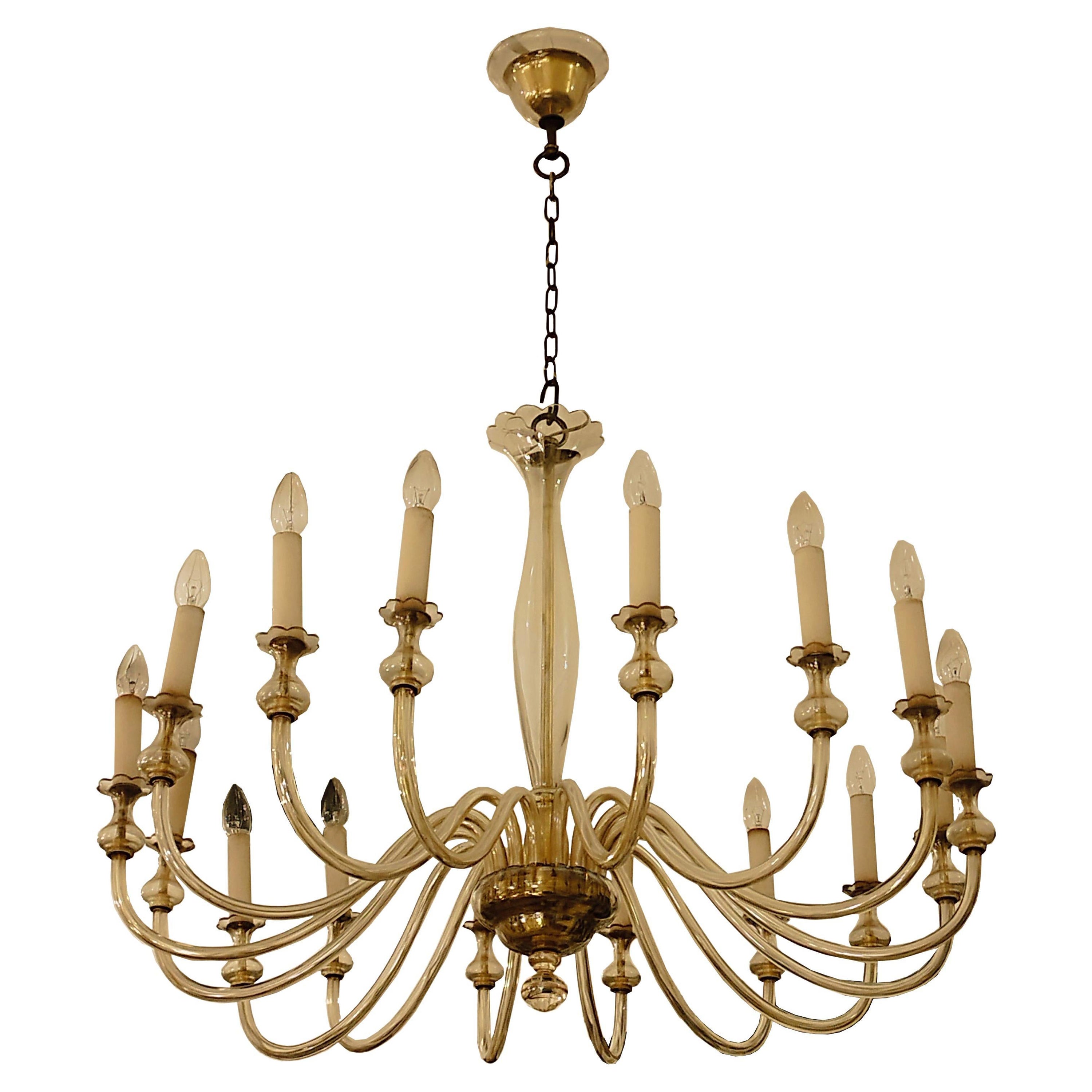Venini 16-Light Murano Glass and Brass Chandelier, Italy 1950s For Sale