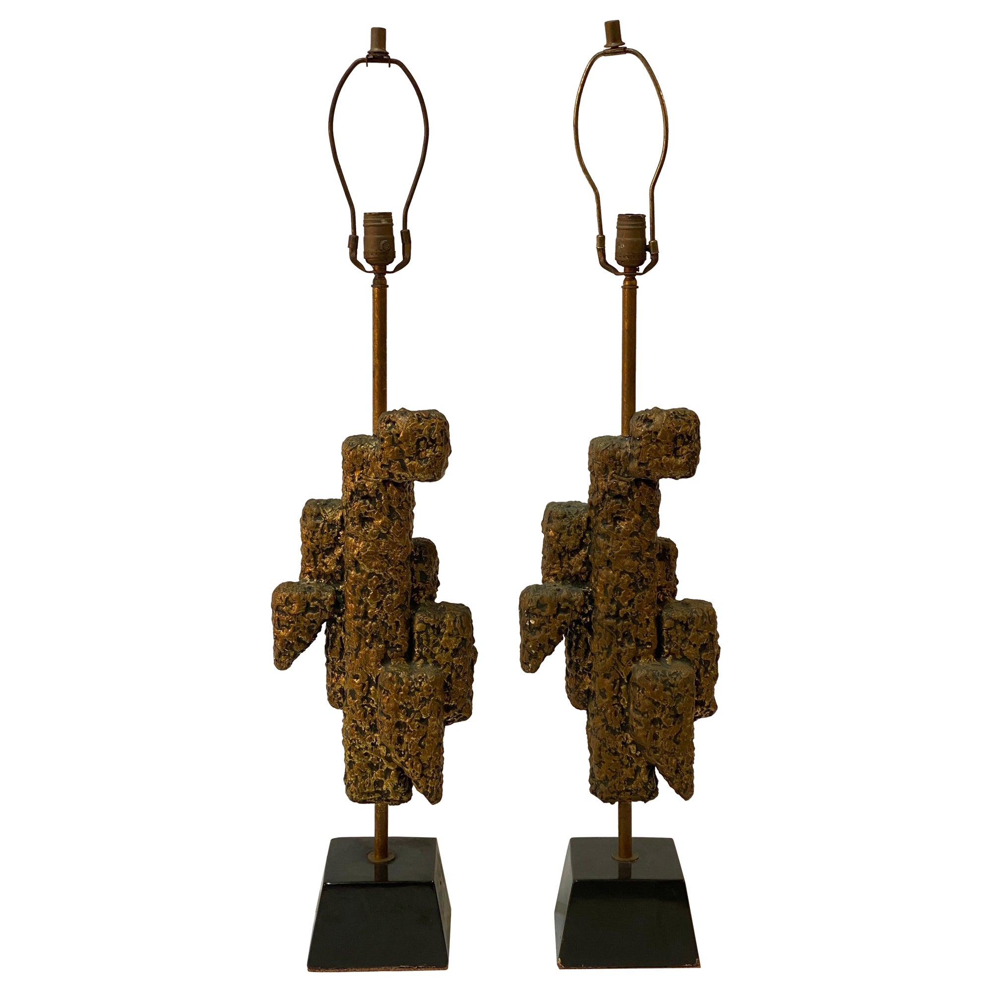 Gilded Abstract Brutalist Table Lamps, A Pair For Sale