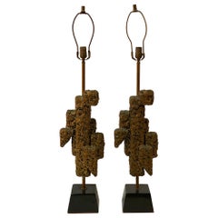 Gilded Abstract Brutalist Table Lamps, A Pair