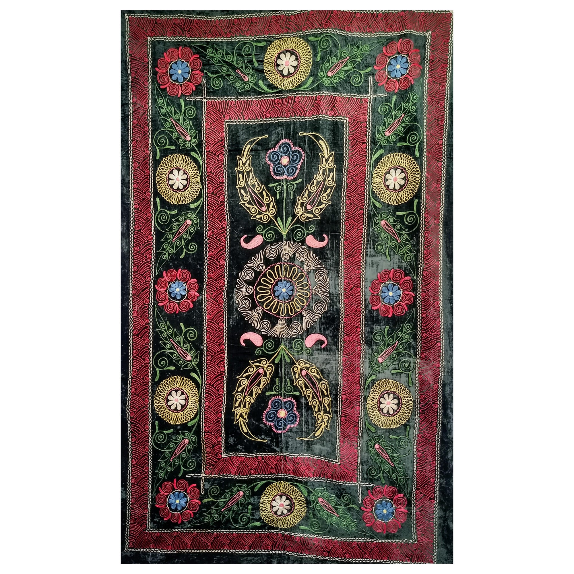 Vintage Uzbek Silk Embroidery Suzani in Black, Red, Green, Ivory, Blue For Sale