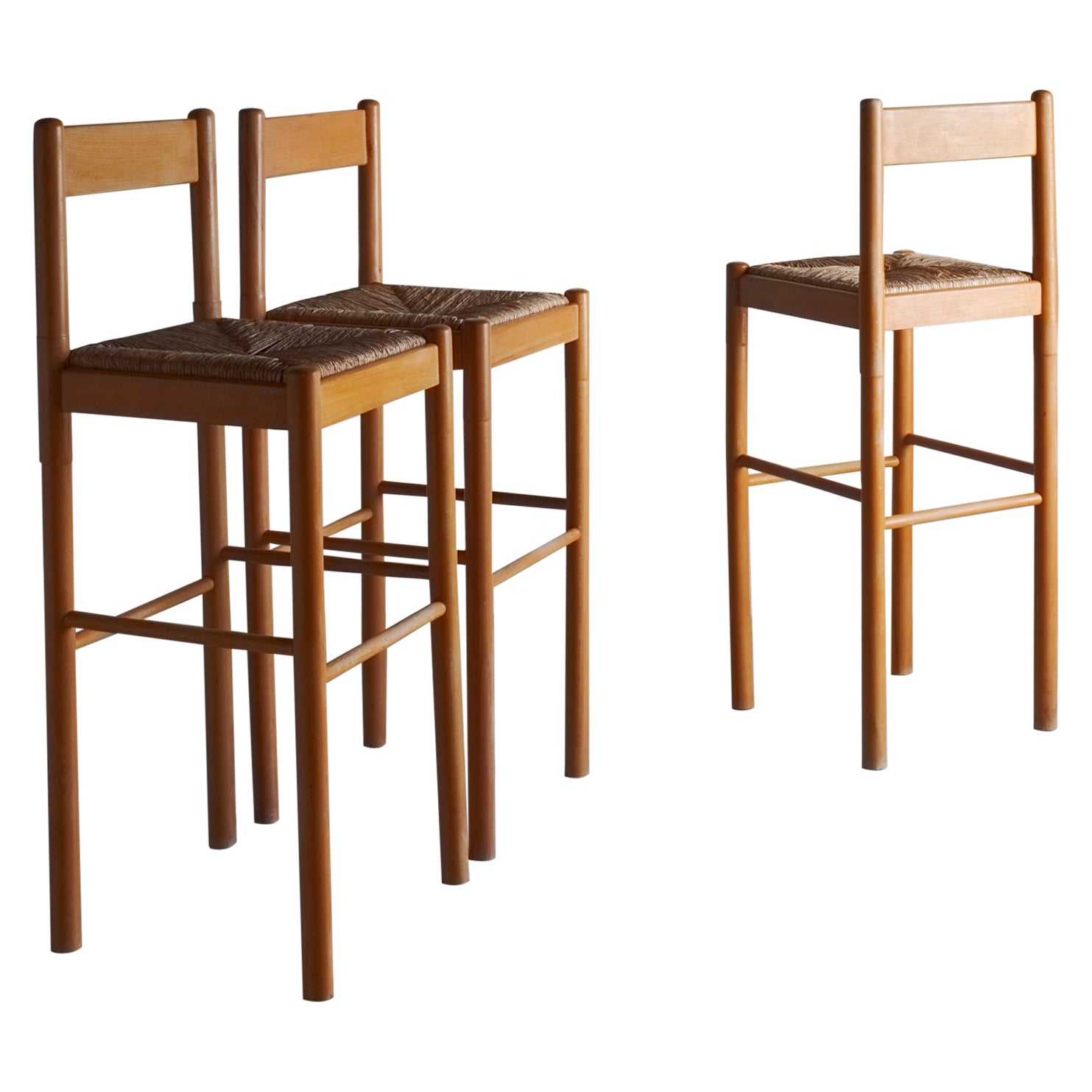 3 Vico Magistretti Style Bar Stools with Rush Seats, Italy For Sale