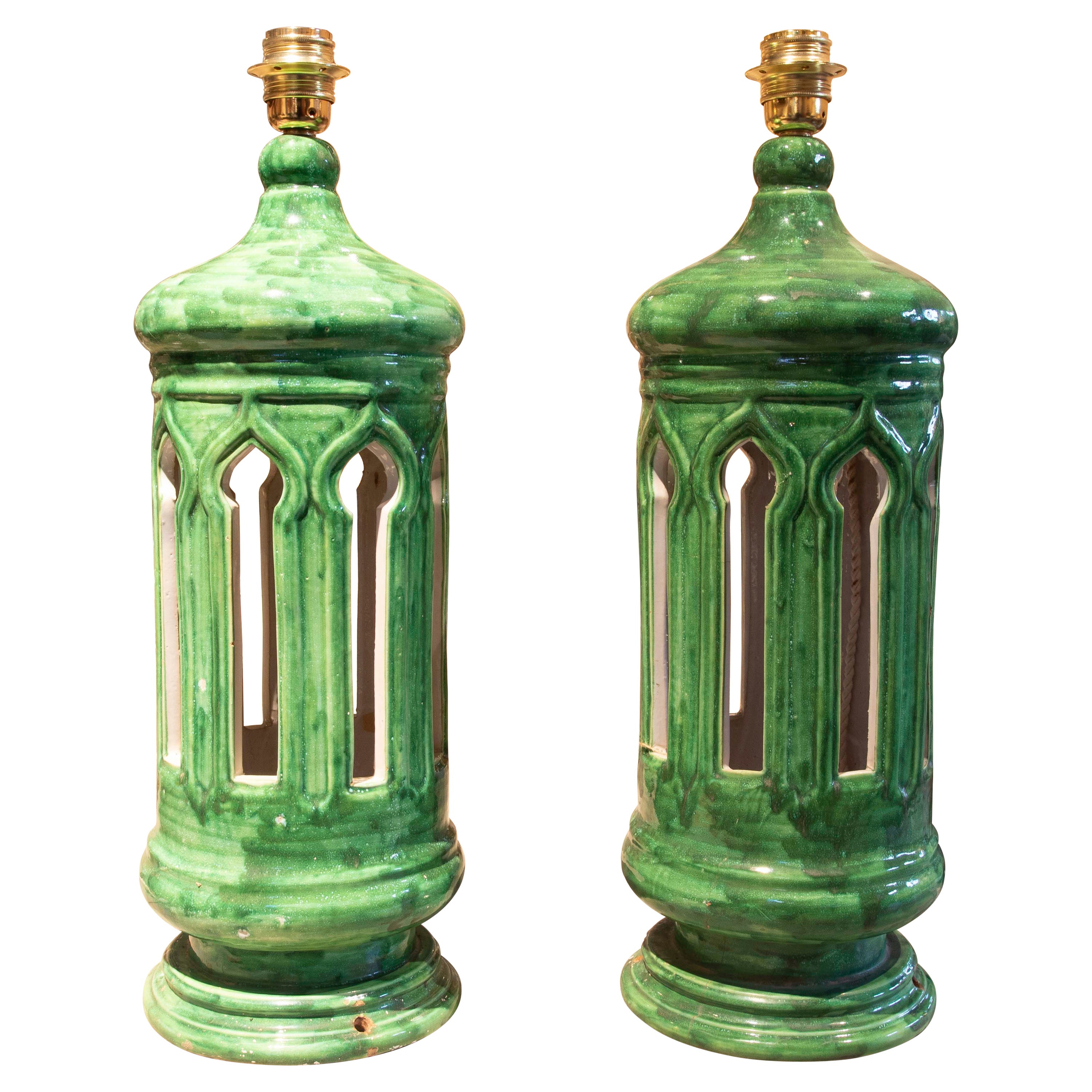 1970er Paar grün glasierte Keramiklampen 