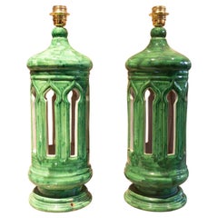 Vintage 1970s Pair of Green Glazed Ceramic Lamps 