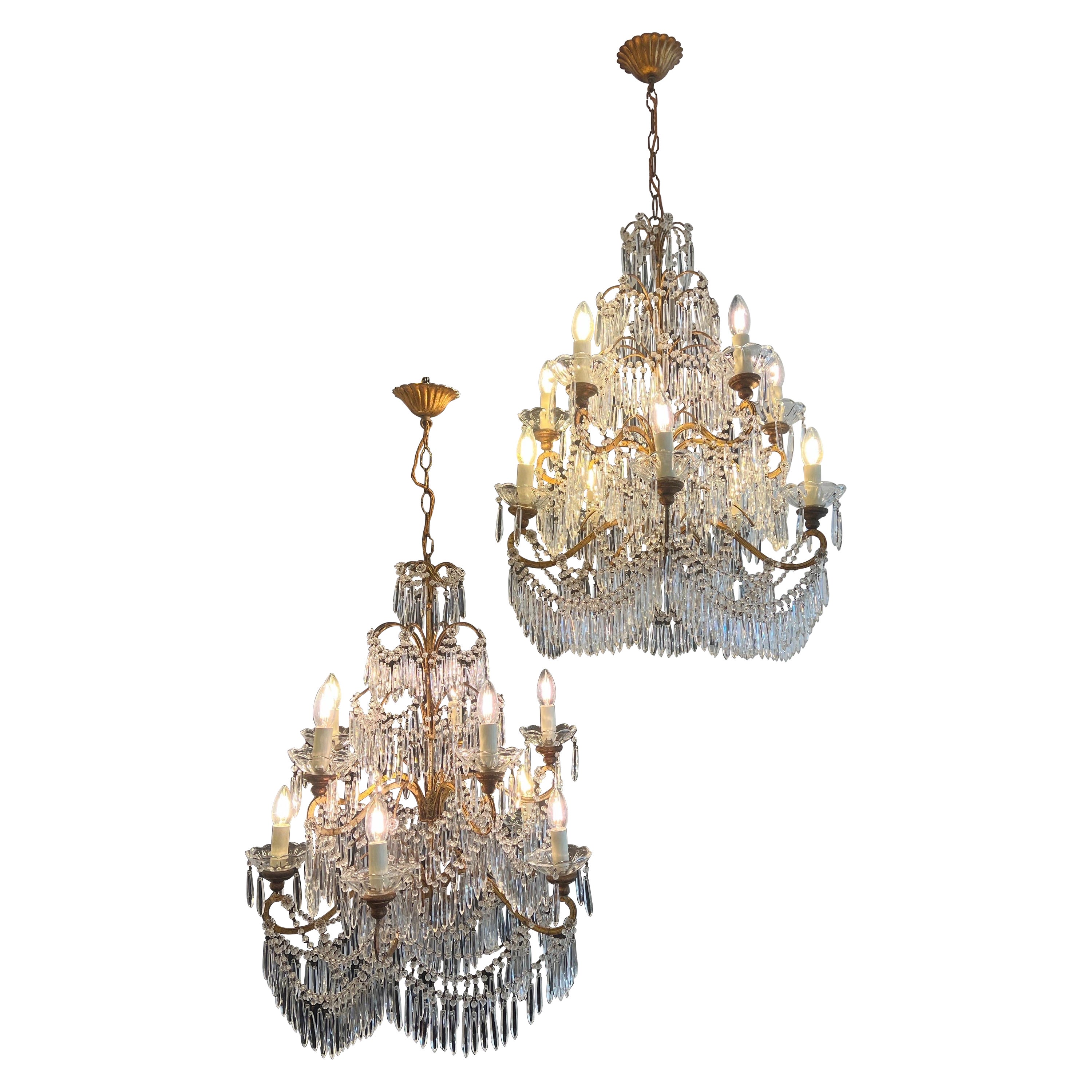 Pair of Italian beaded & crystal 10 light chandeliers  For Sale