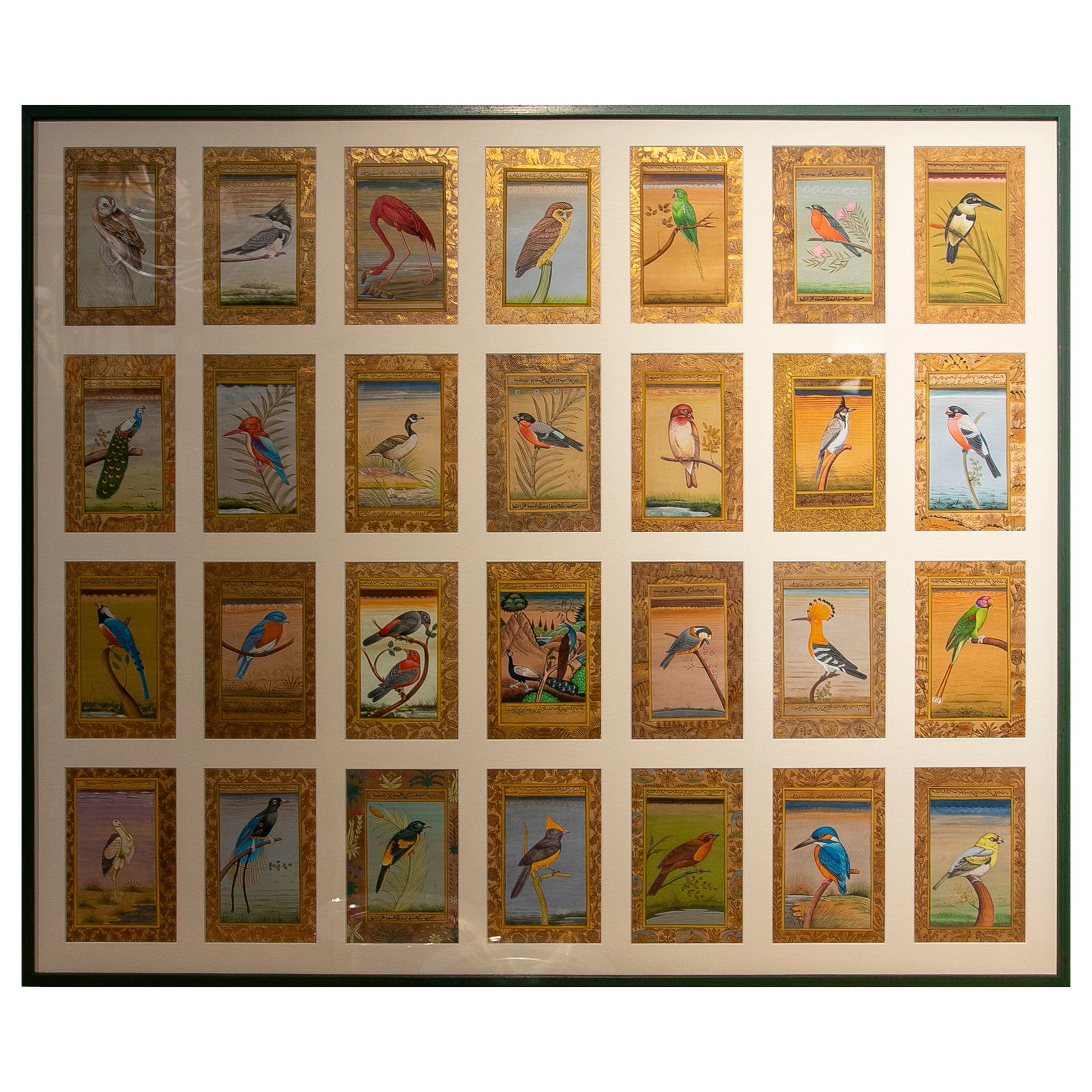 Framed Picture Composed of Twenty-Eight Hand-Painted Bird Pictures