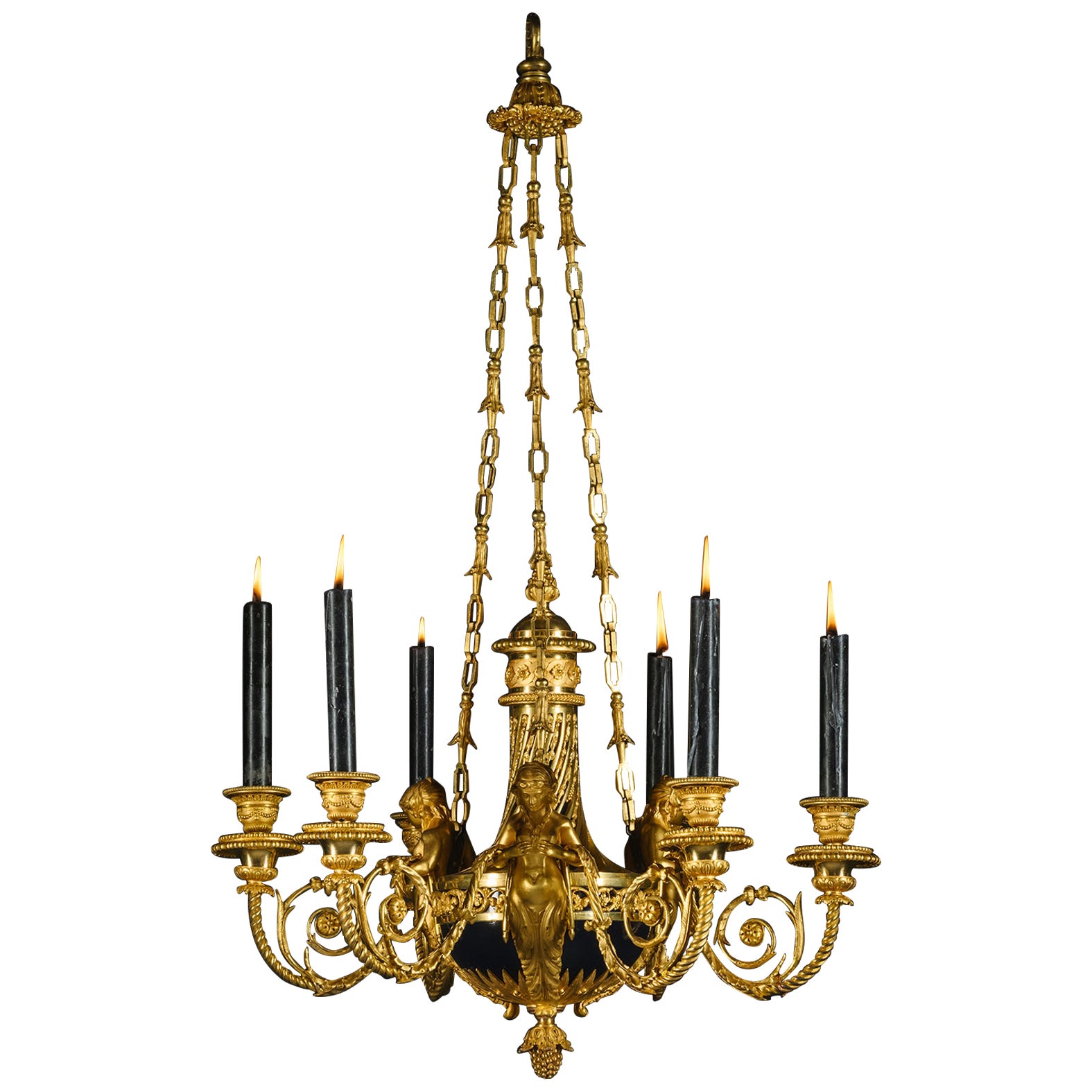 Lustre à six lumières 'aux Termes' de style Louis XVI en bronze doré en vente