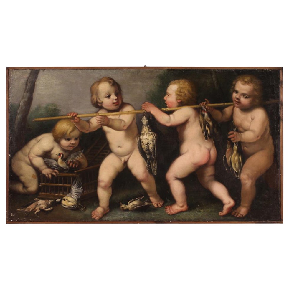 17th Century Oil on Canvas Rudolphine School Cherubs Game Antique Painting, 1670