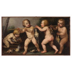 17th Century Oil on Canvas Rudolphine School Cherubs Game Antique Painting, 1670