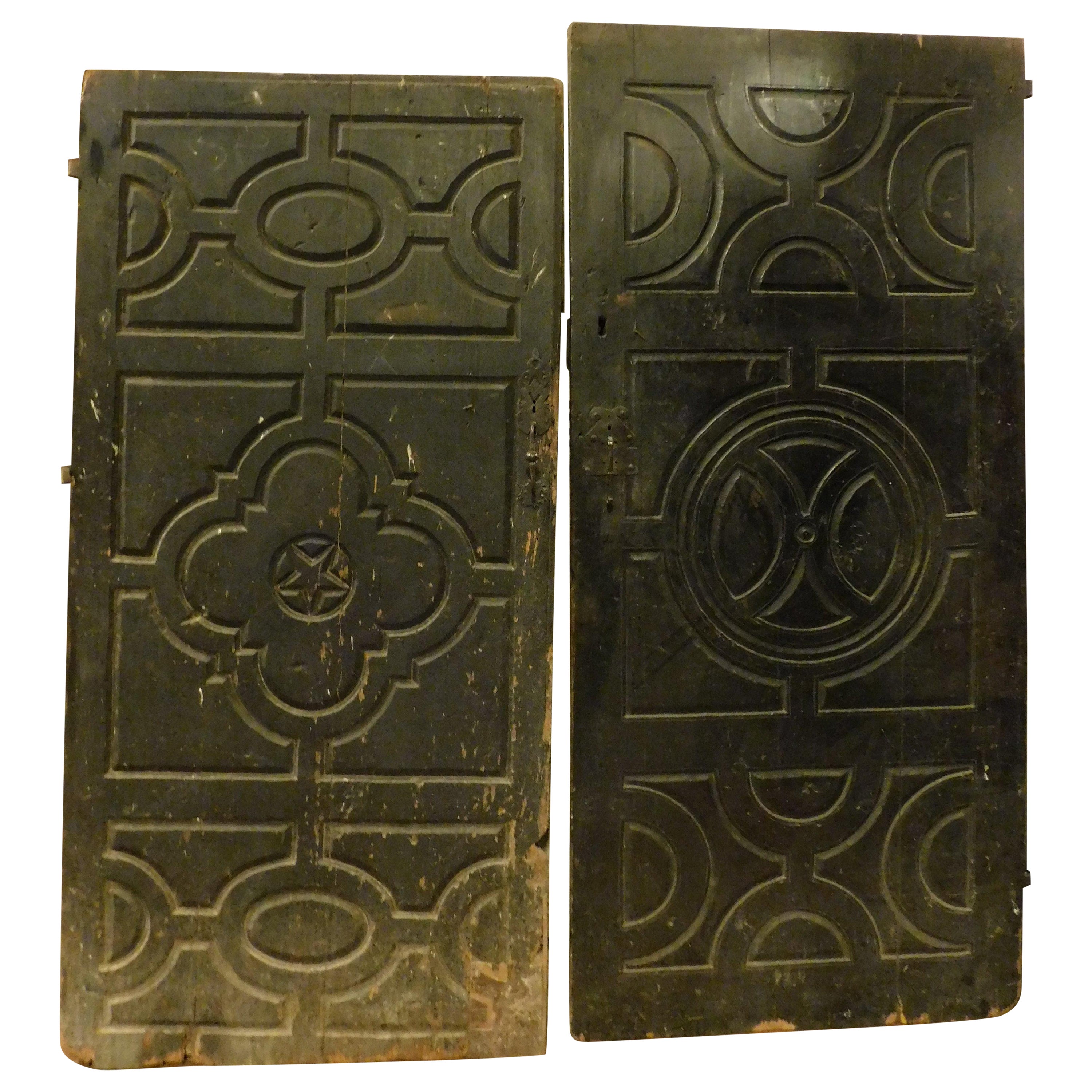 Pair of old interior doors, black lacquered and carved, Italy For Sale