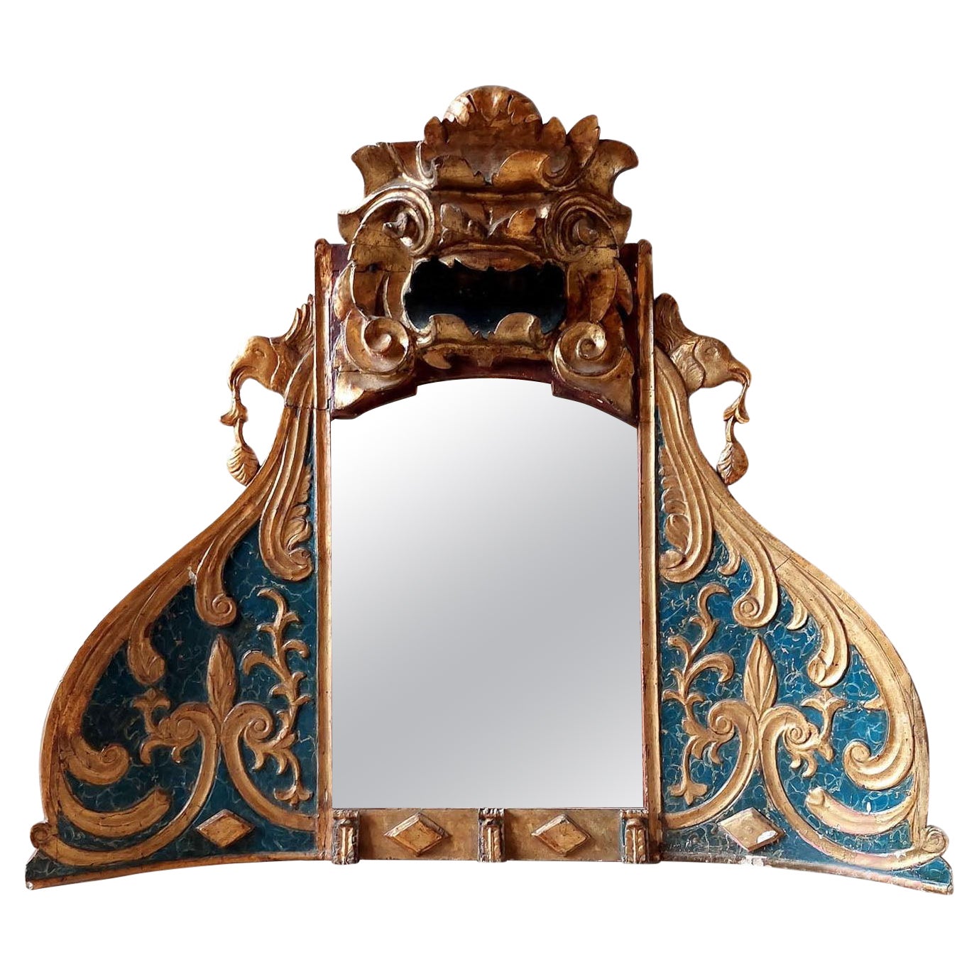 Antique Italian Blue and Gold Fairytale Mirror made from an 18th C. Church Niche For Sale