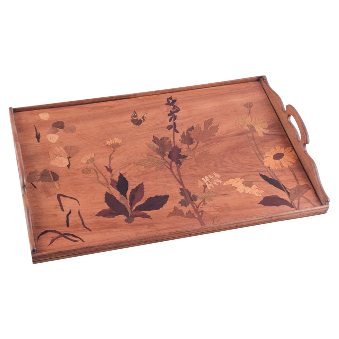Emile Gallé. Large tray made of fruitwood. Inlaid with floral motifs. For Sale