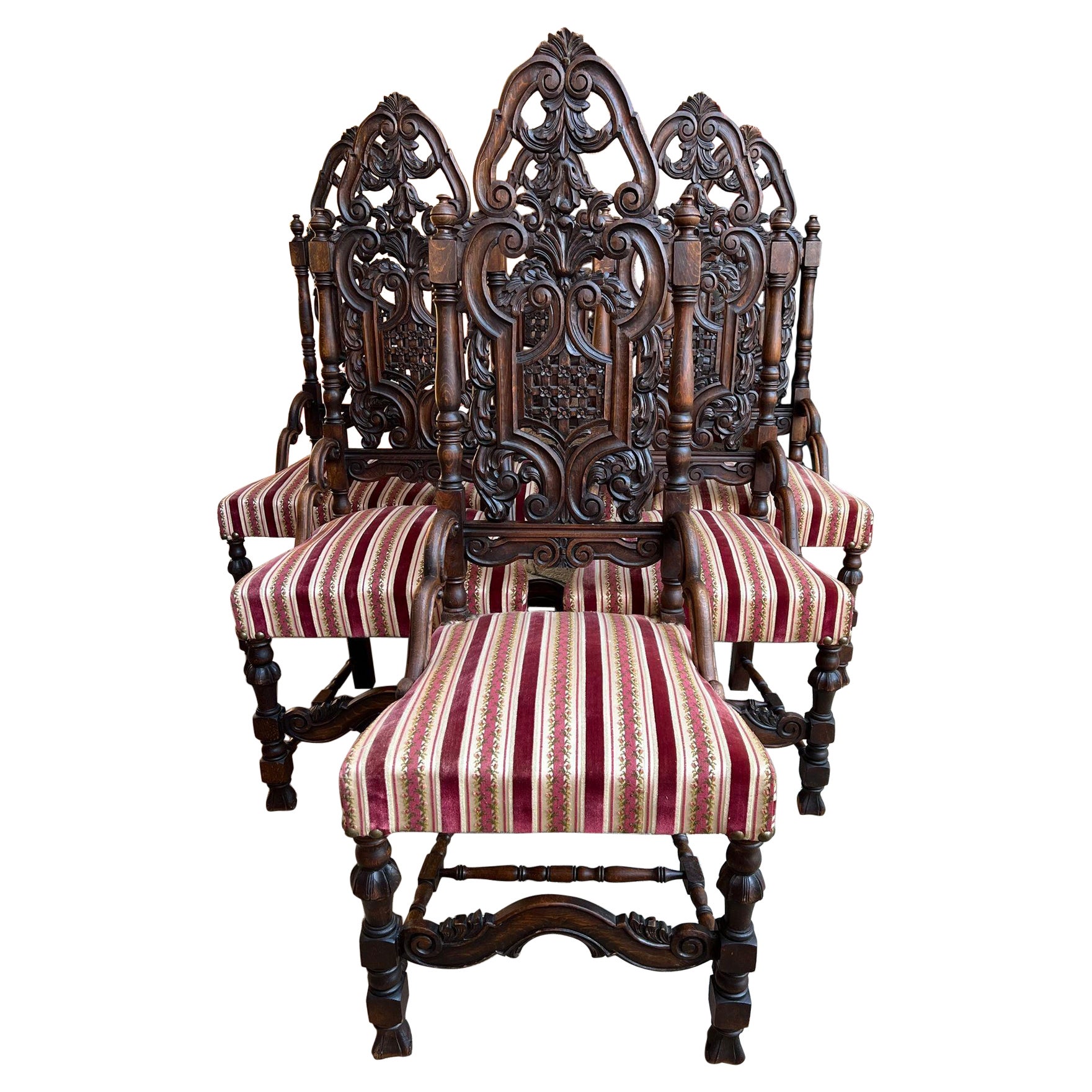 Set 6 Antique French Dining Chairs Renaissance Revival Tall Open Carved Oak SIX For Sale