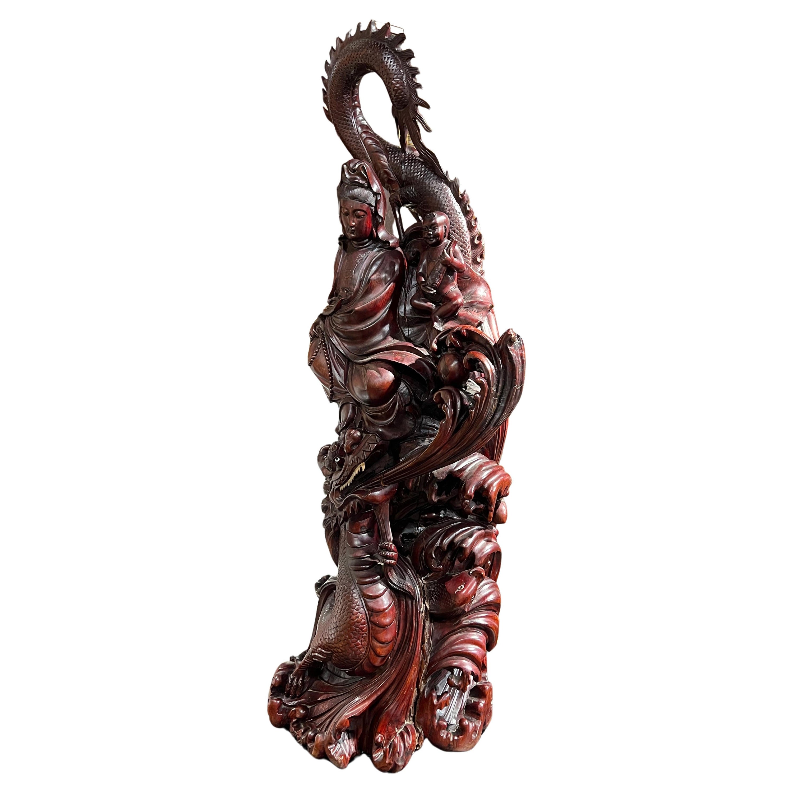 Monumental Chinese Rosewood Guanyin Sculpture For Sale