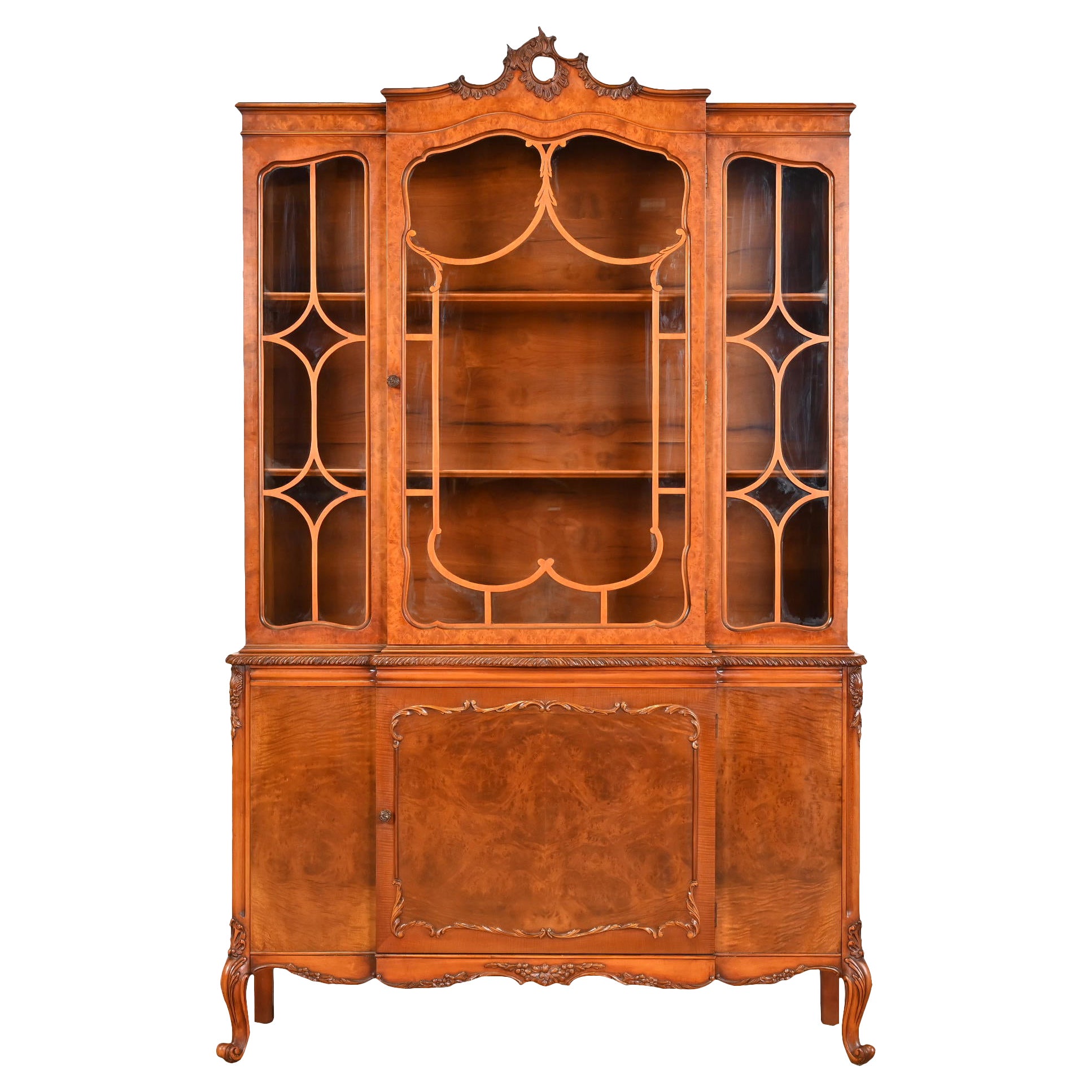 Romweber French Provincial Louis XV Burl Wood Breakfront Bookcase Cabinet, 1920s For Sale
