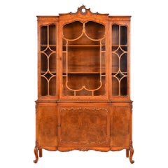 Antique Romweber French Provincial Louis XV Burl Wood Breakfront Bookcase Cabinet, 1920s