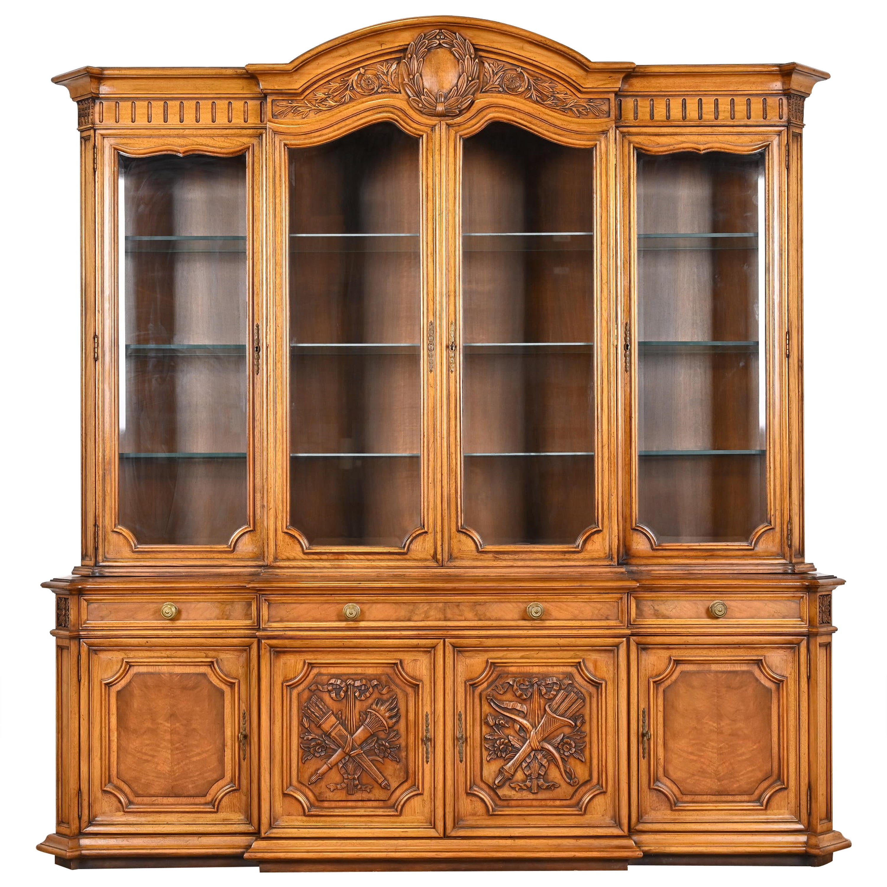 Karges French Regency Louis XVI Burled Walnut Breakfront Bookcase Cabinet, 1960s For Sale