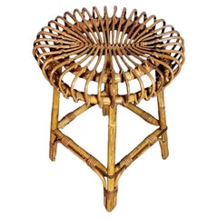 Rustic Italian Style Vintage Stool In Bamboo And Wicker