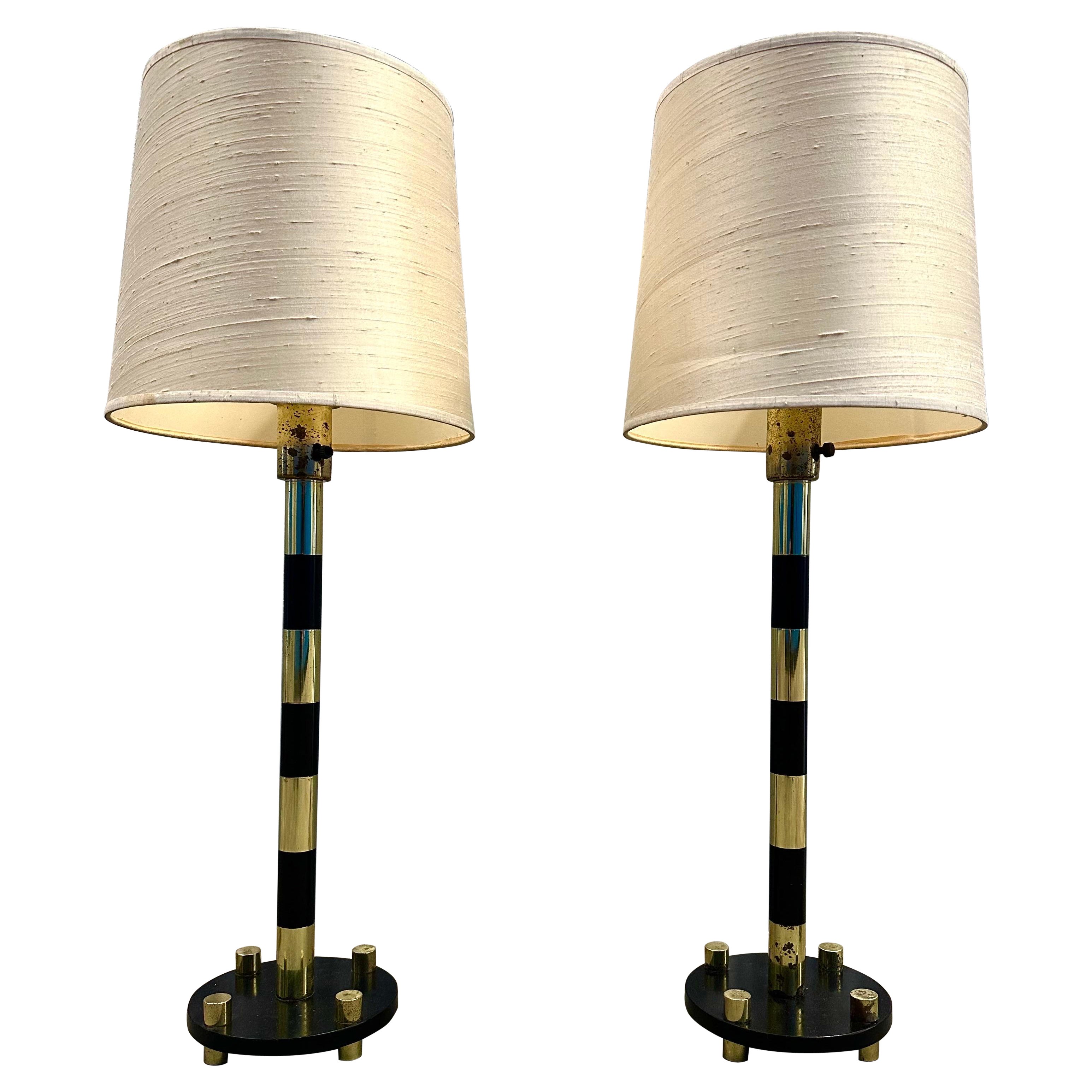 Pair Vintage Italian Brass and Black Enamel Table Lamps For Sale