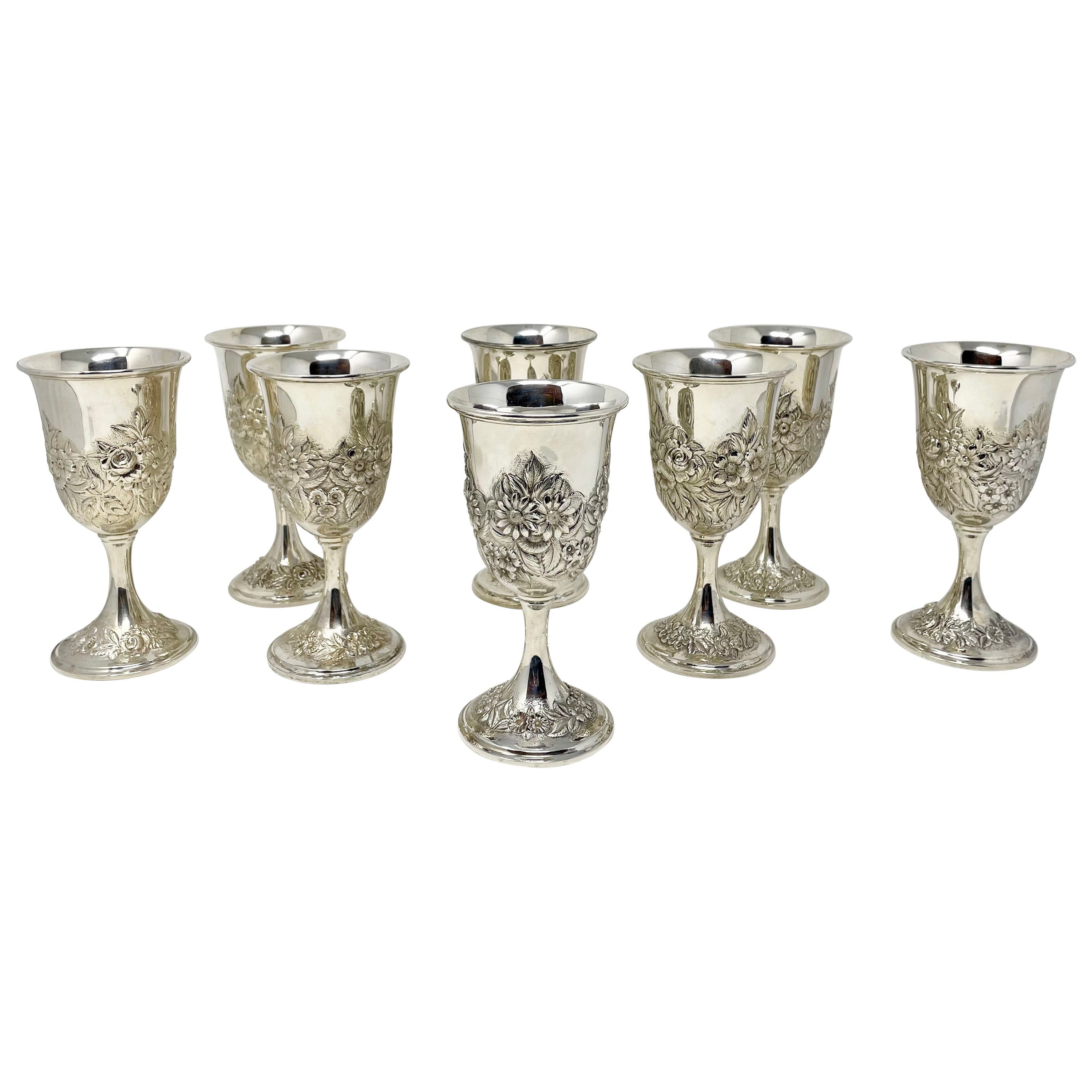 Set of 8 Antique American "Kirk" Repousse Sterling Silver Goblets, Circa 1900's. For Sale