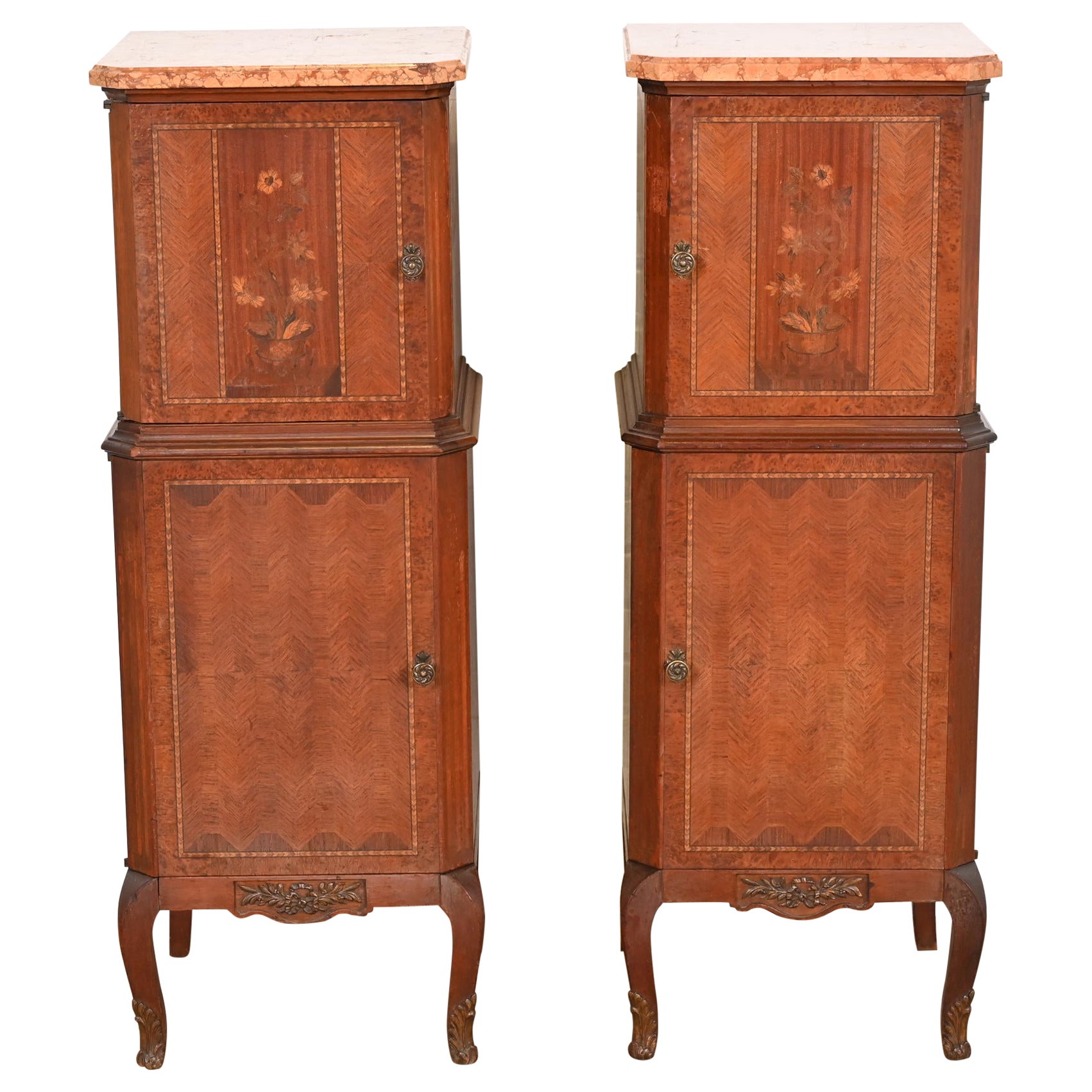 French Louis XV Kingwood Inlaid Marquetry Marble Top Lingerie Chests, Pair For Sale