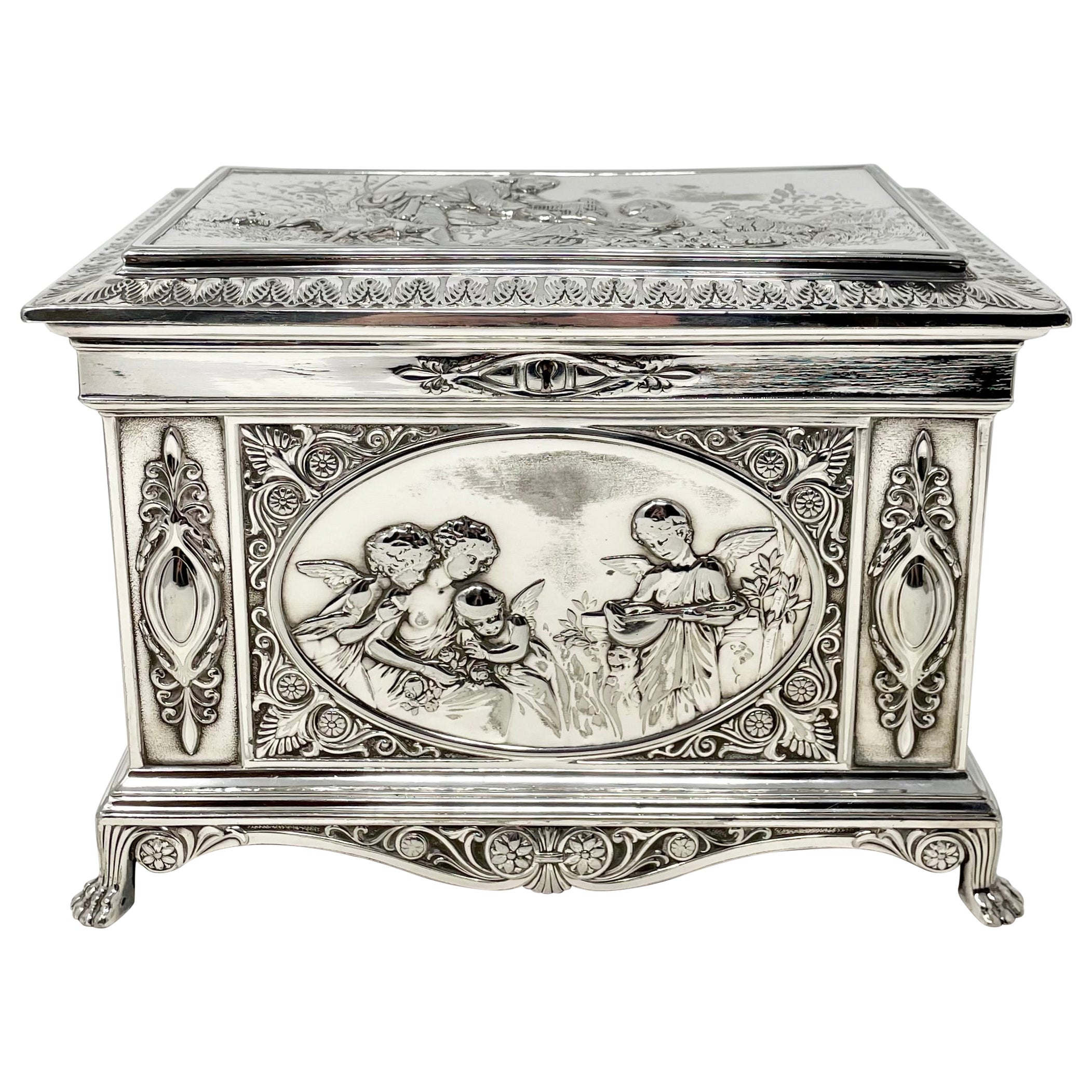 Antique English Sheffield Silver Footed Jewel Box, Circa 1890. For Sale