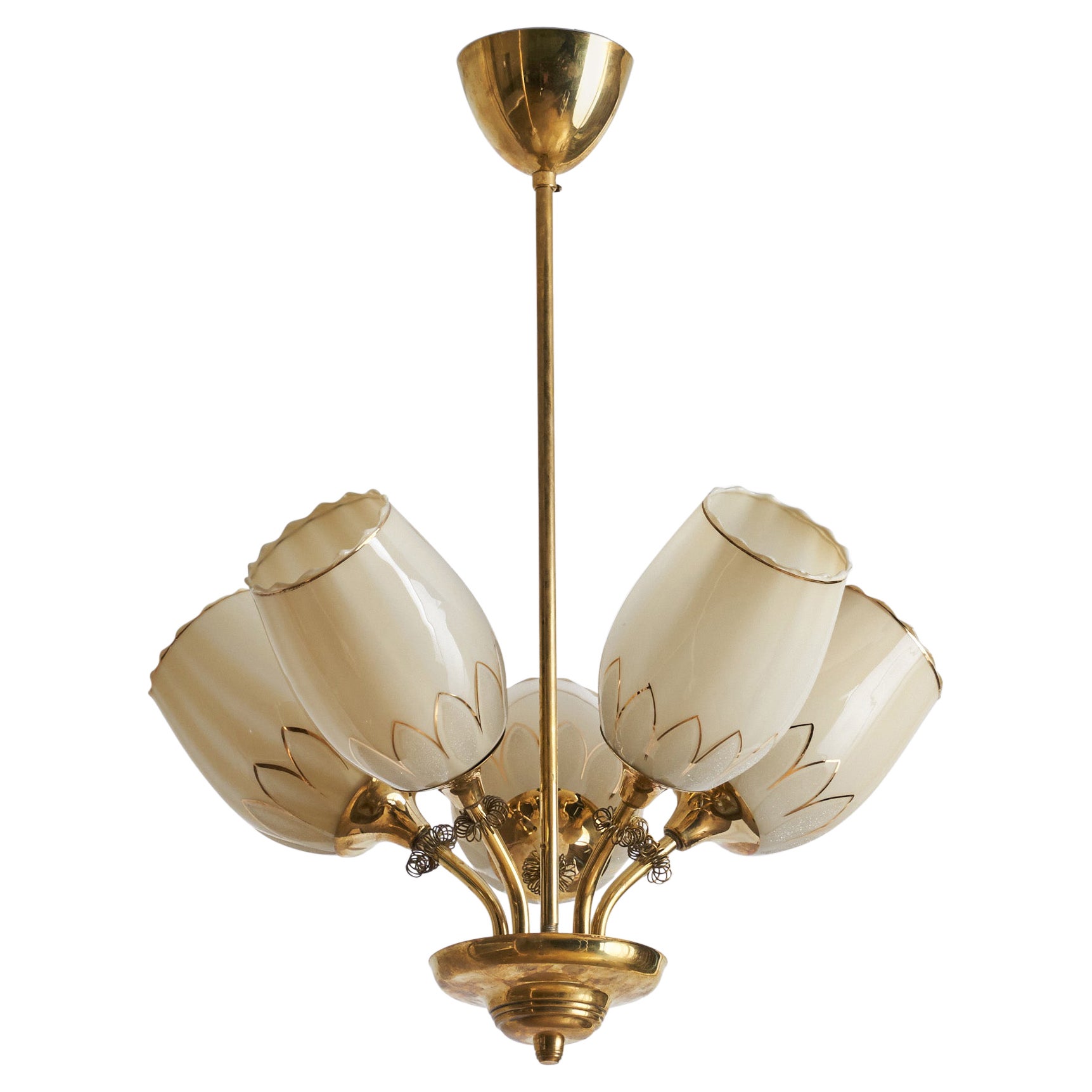 Finnish Designer, Chandelier, Brass, Glass, Finland, 1940s For Sale