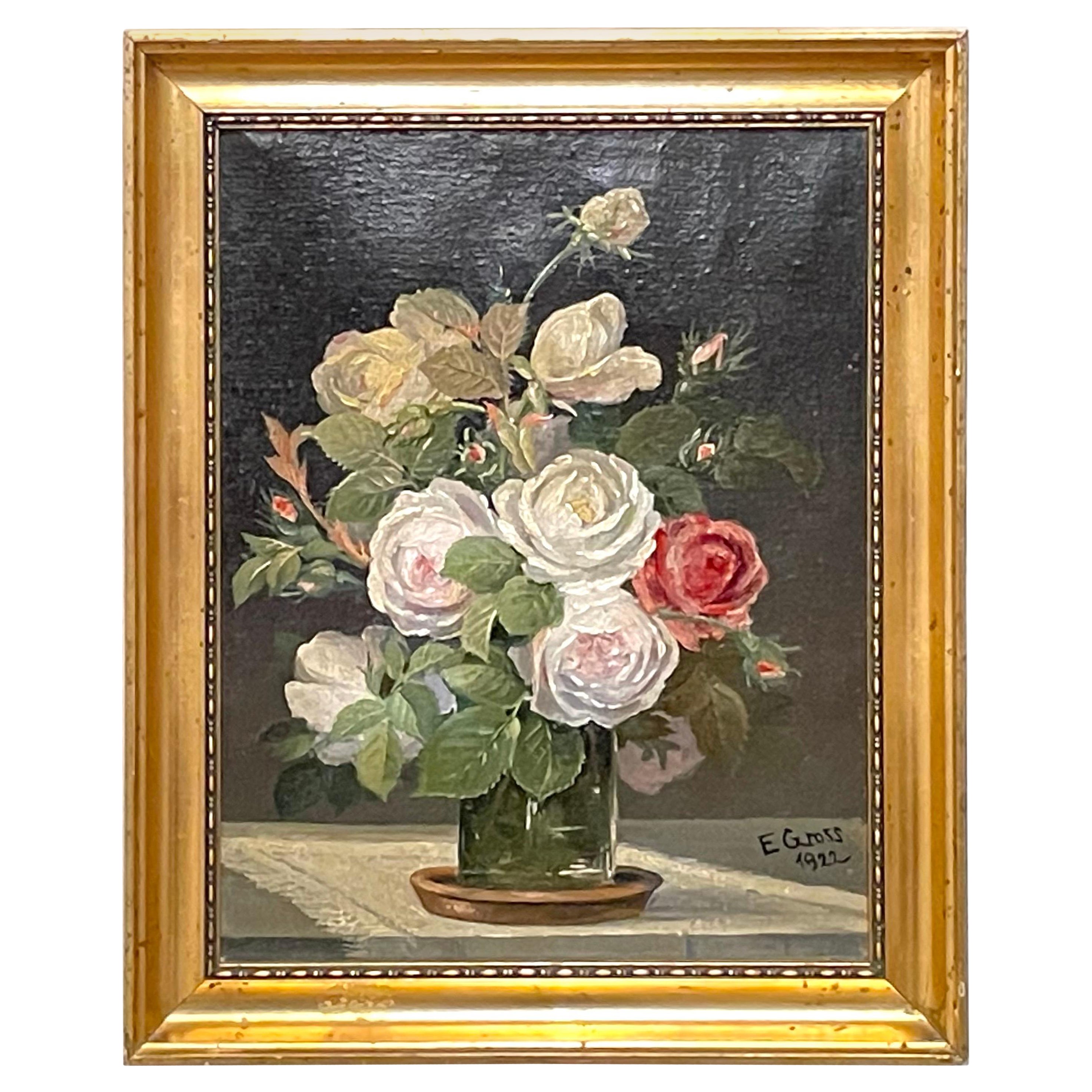 Nature morte antique, peinture florale des années 1920 de l'artiste E. Grosse en vente