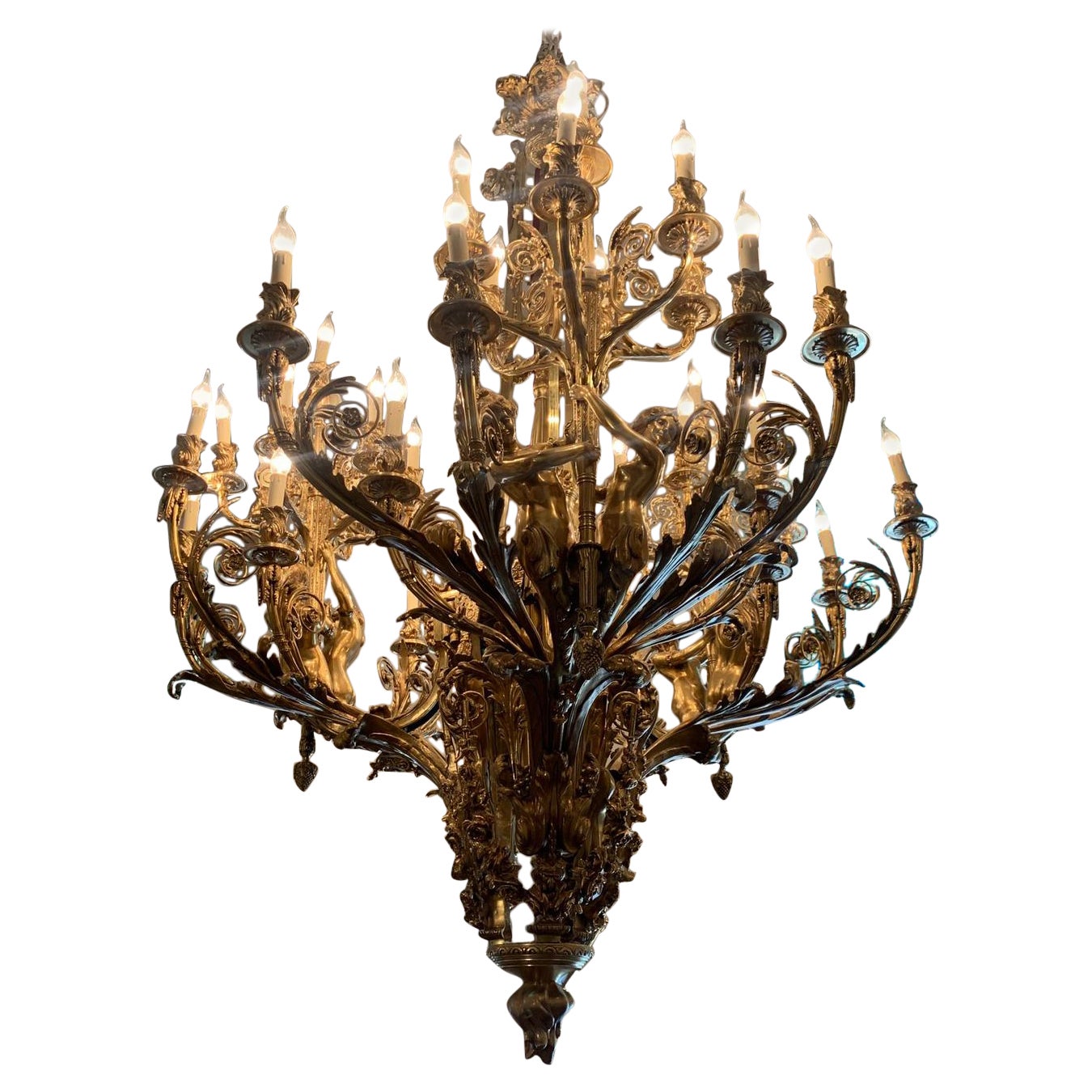 Stunning, French antique solid bronze baroque 7ft tall chandelier  For Sale