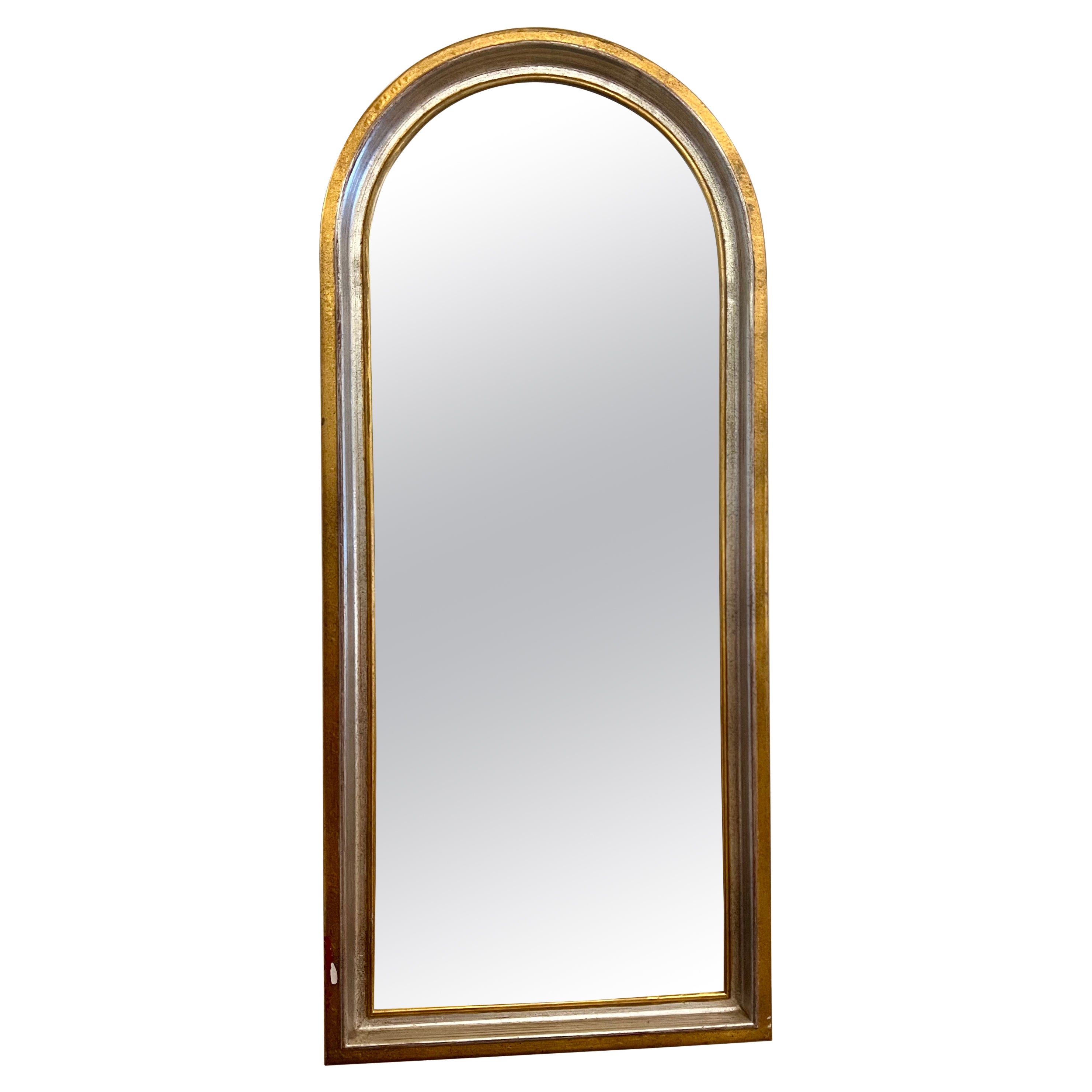 1960's Hollywood Regency Gold & Silver Leaf Giltwood Arched Italian Mirror For Sale