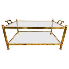 Mid Century Modern Brass and Glass Two-Tiered Cocktail Coffee Table with Handles
