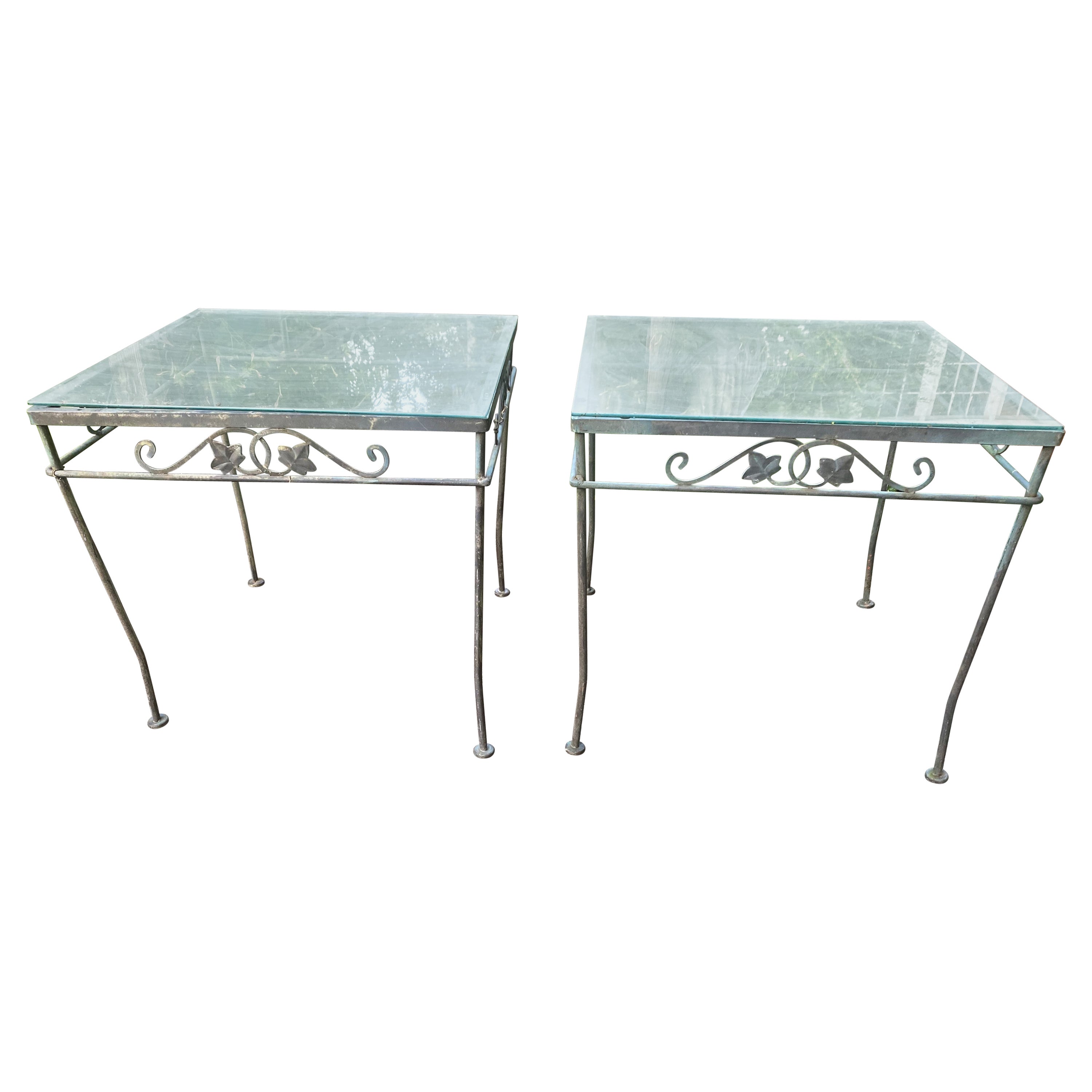 Vintage Wrought Salterini Style Iron Patio Side Tables with Glass Tops - a Pair