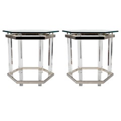 Pair of Chrome and Lucite Glass Top Tables in Hexagonal Form