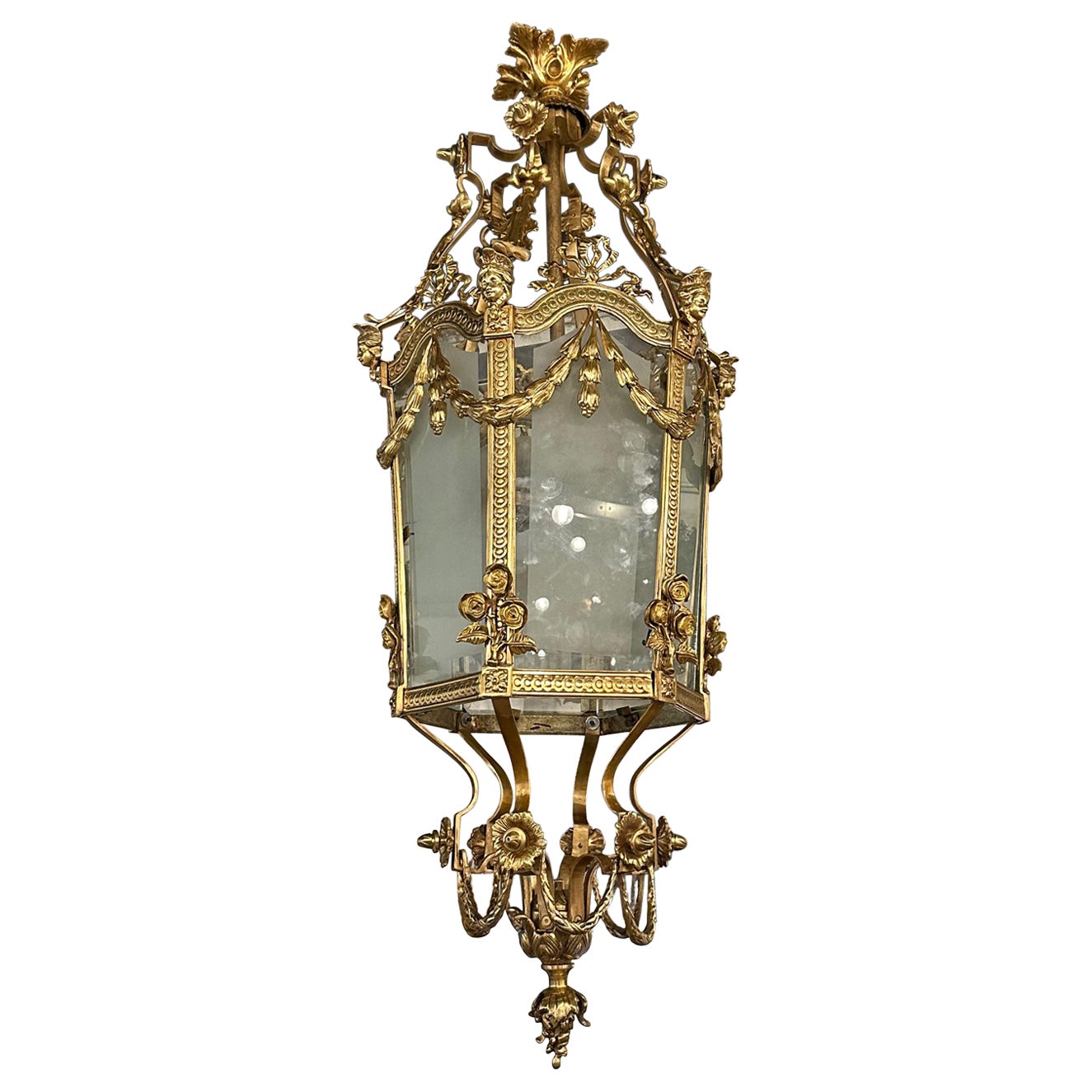 Beautiful, French baroque bronze and etched glass lantern (pair available)  For Sale