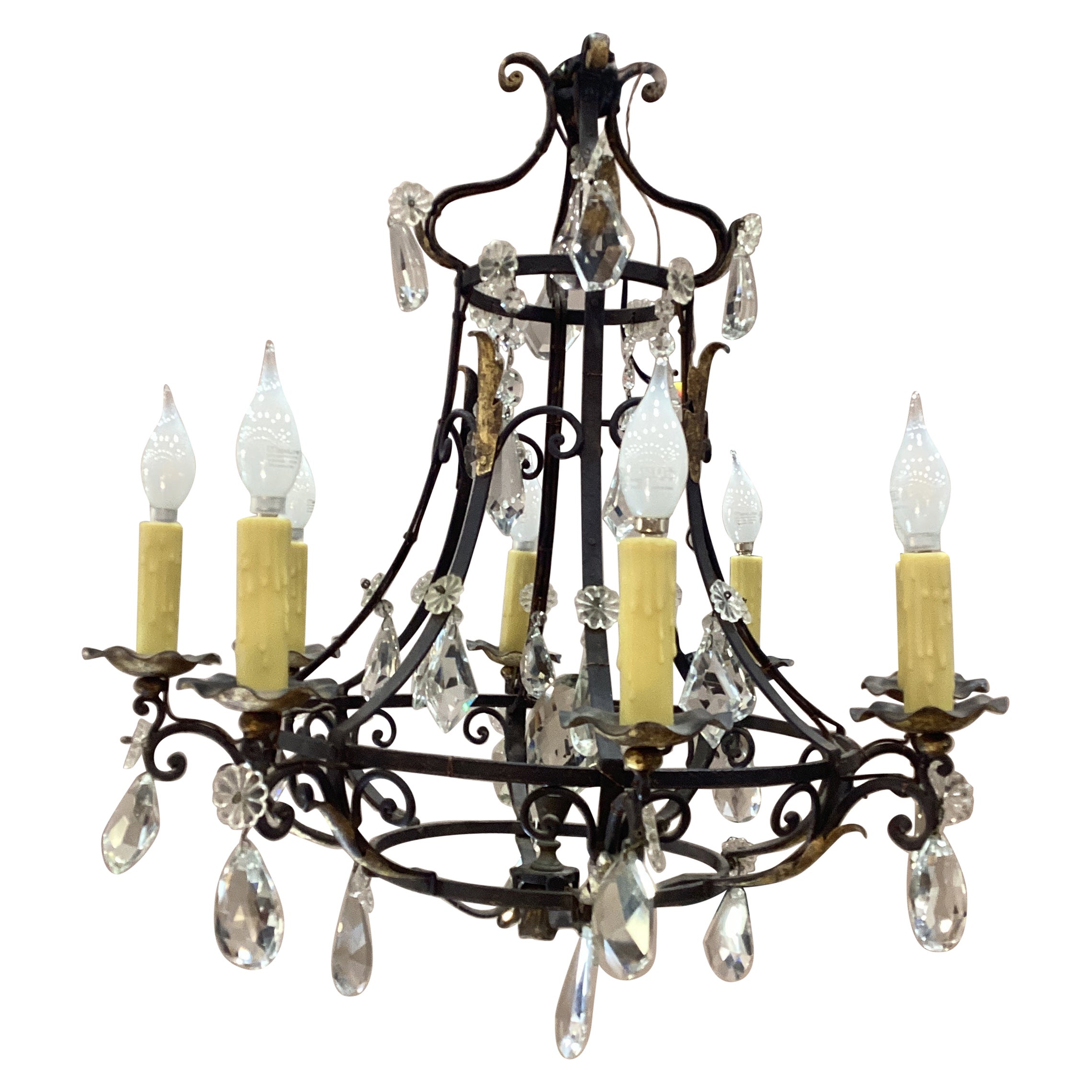 1920’s French Gilt Iron and Crystal Chandelier  For Sale