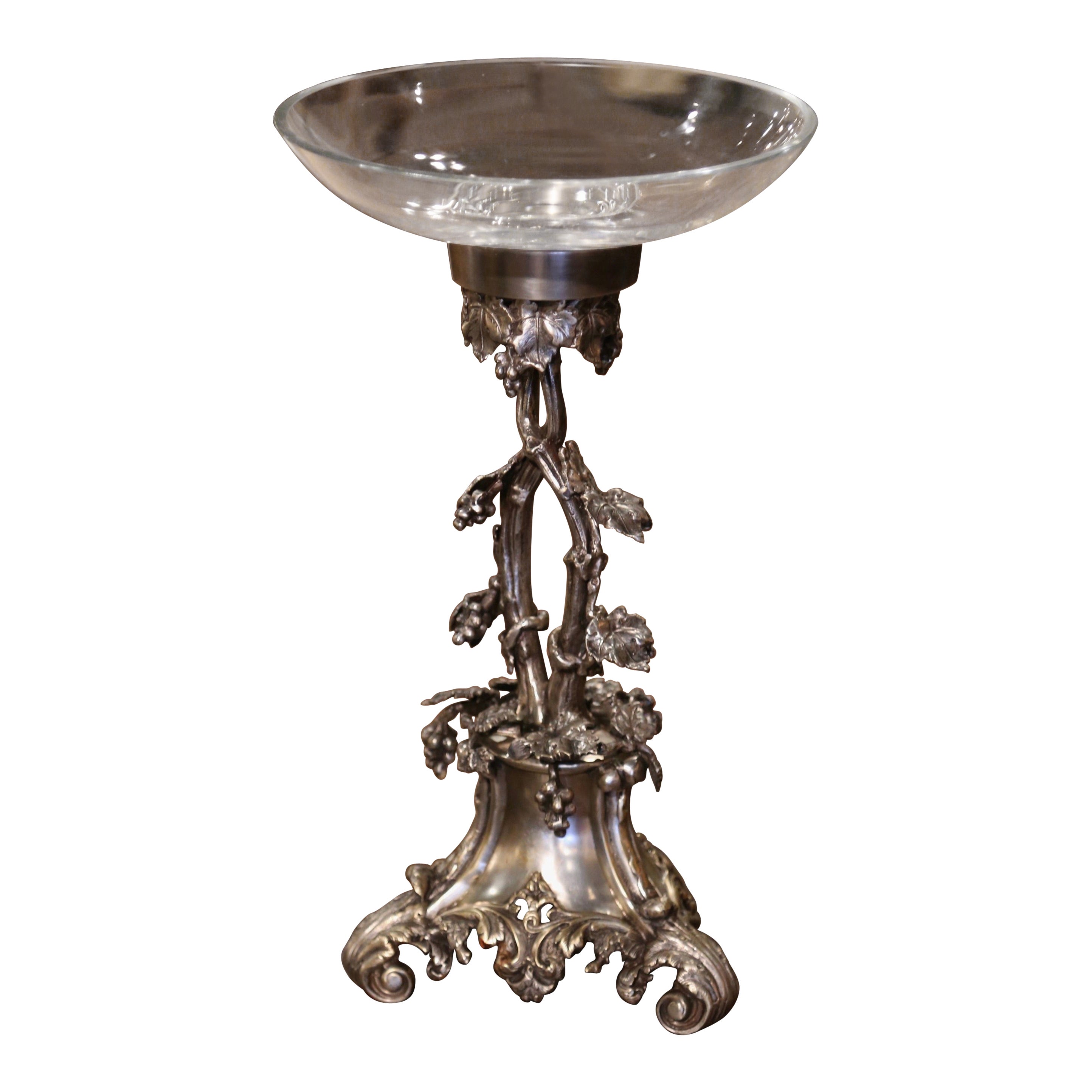 Centre de table Surtout de table français du milieu du siècle dernier en bronze argenté avec bol en verre