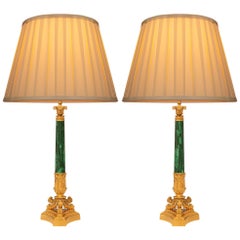 Antique Pair Of French 19th Century Charles X St. Ormolu And Malachite Lamps