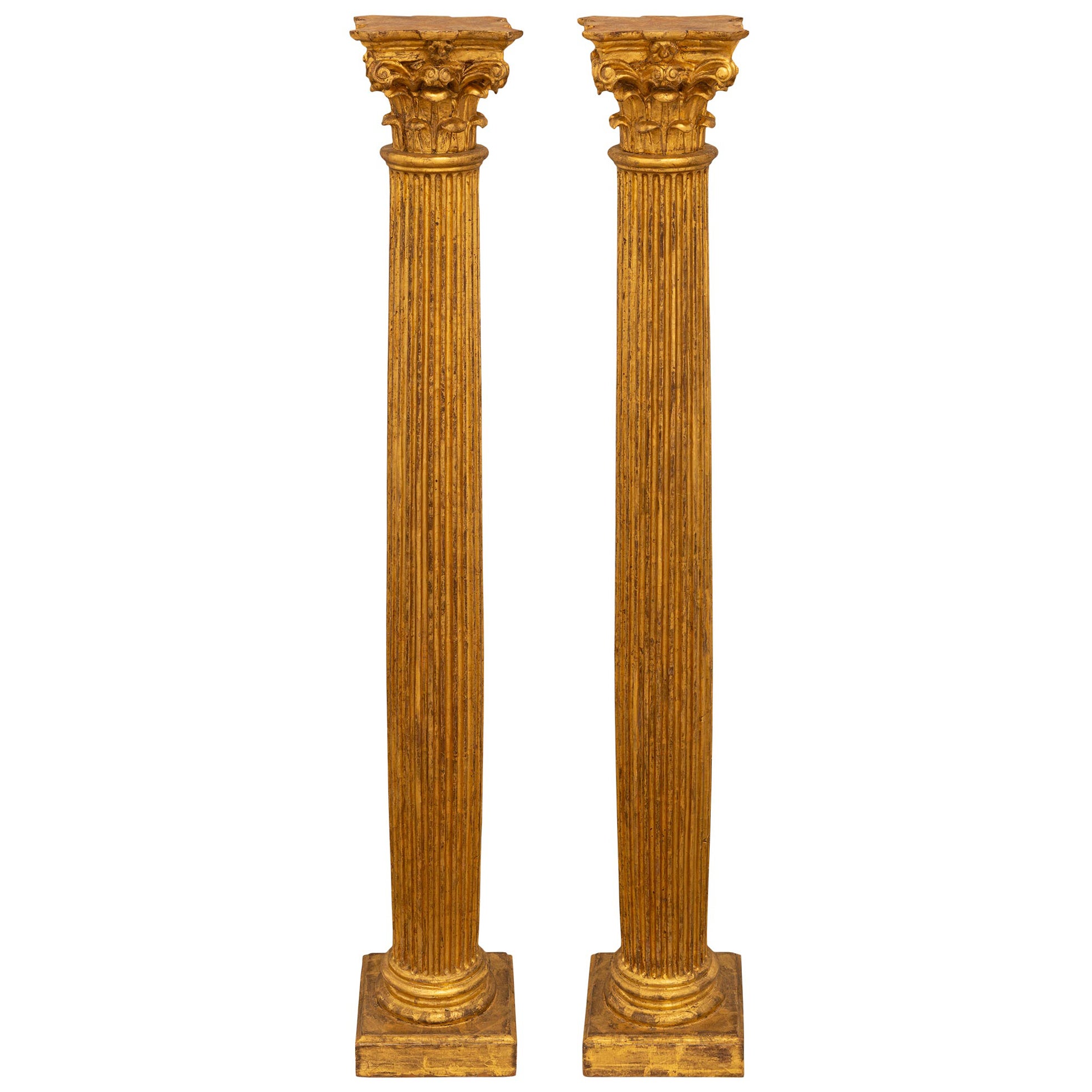 Pair Of Italian Turn Of The Century Neoclassical St. Giltwood Corinthian Columns For Sale