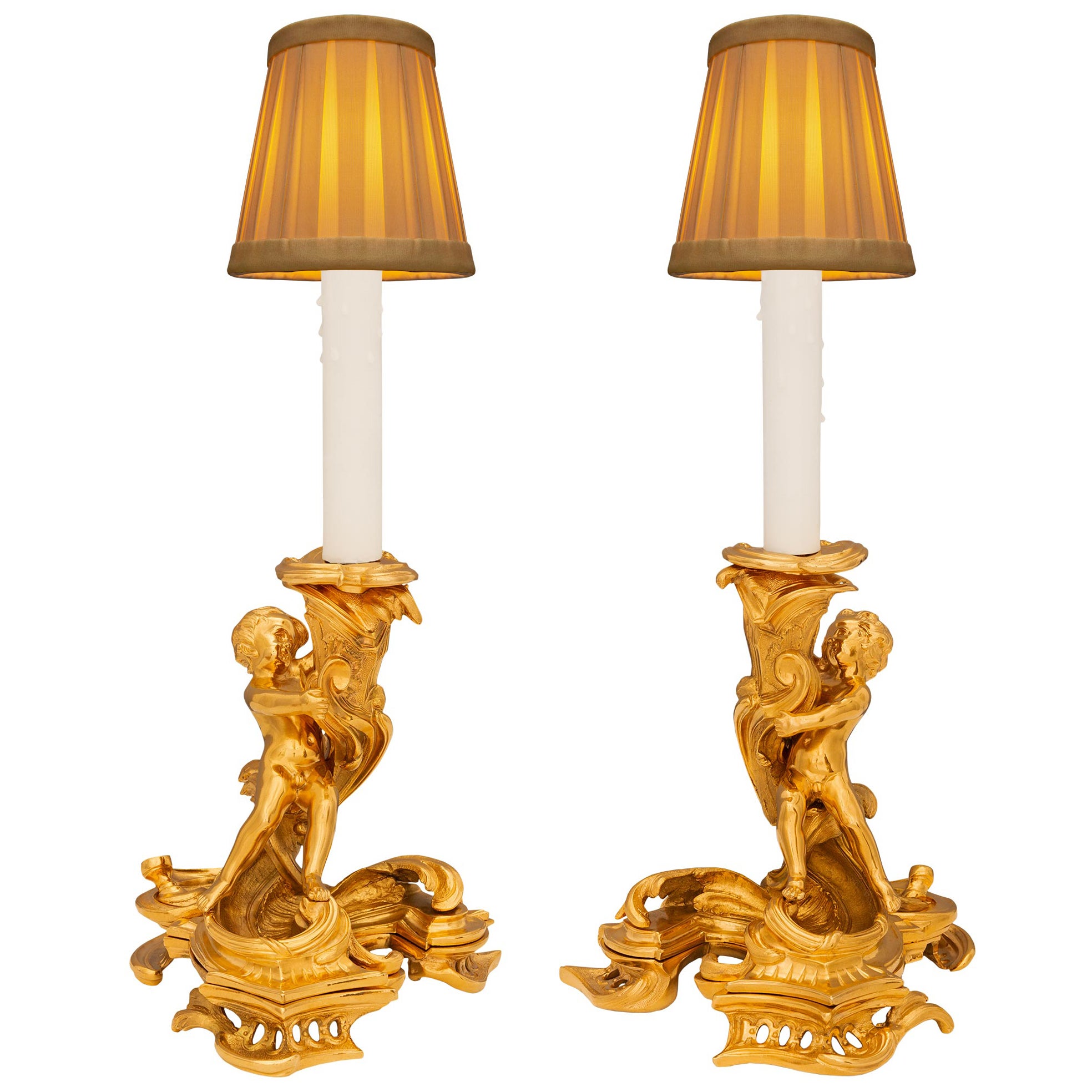 Pair Of French 19th Century Louis XV St. Ormolu Candlestick Lamps For Sale