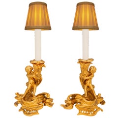 Pair Of French 19th Century Louis XV St. Ormolu Candlestick Lamps