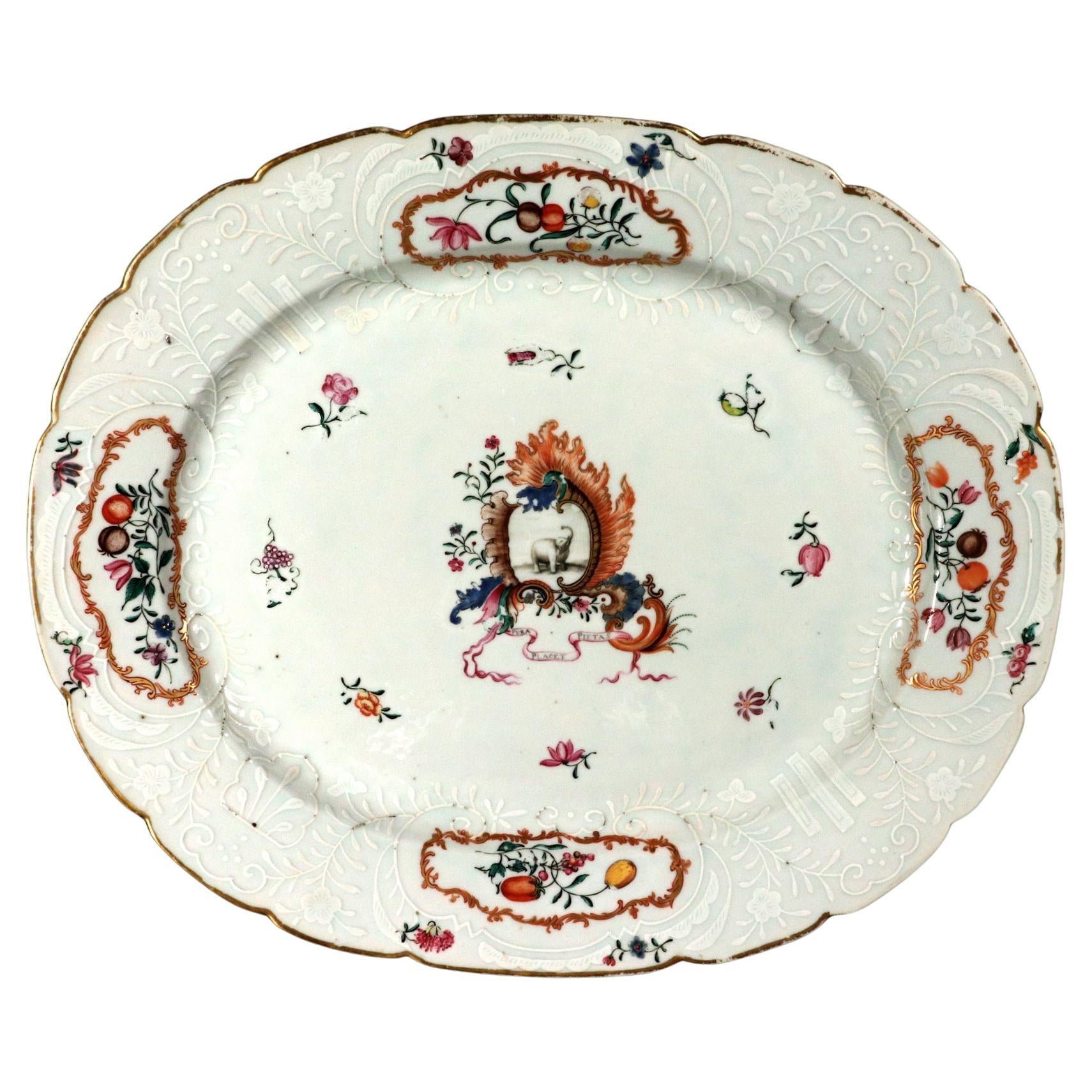 Chinese Export Porcelain Armorial Dish with Coat of Arms with Elephant