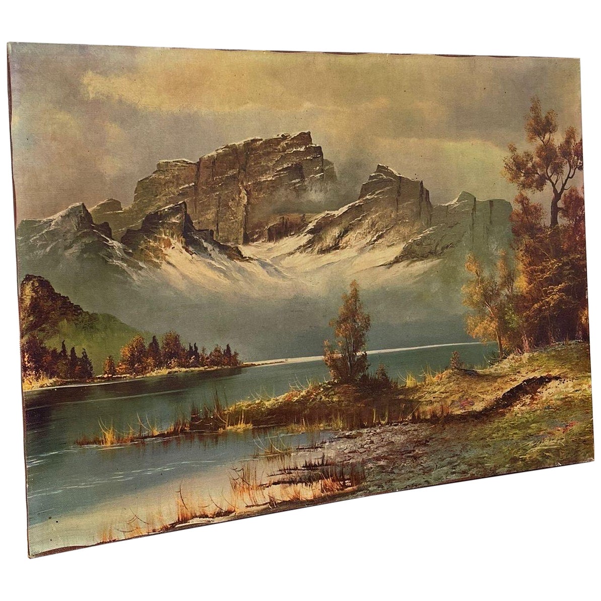 Vintage-Landschaftsdruck auf Leinwand. Berge über einem See.