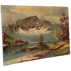 Retro Landscape Print on Canvas. Mountains Over a Lake.