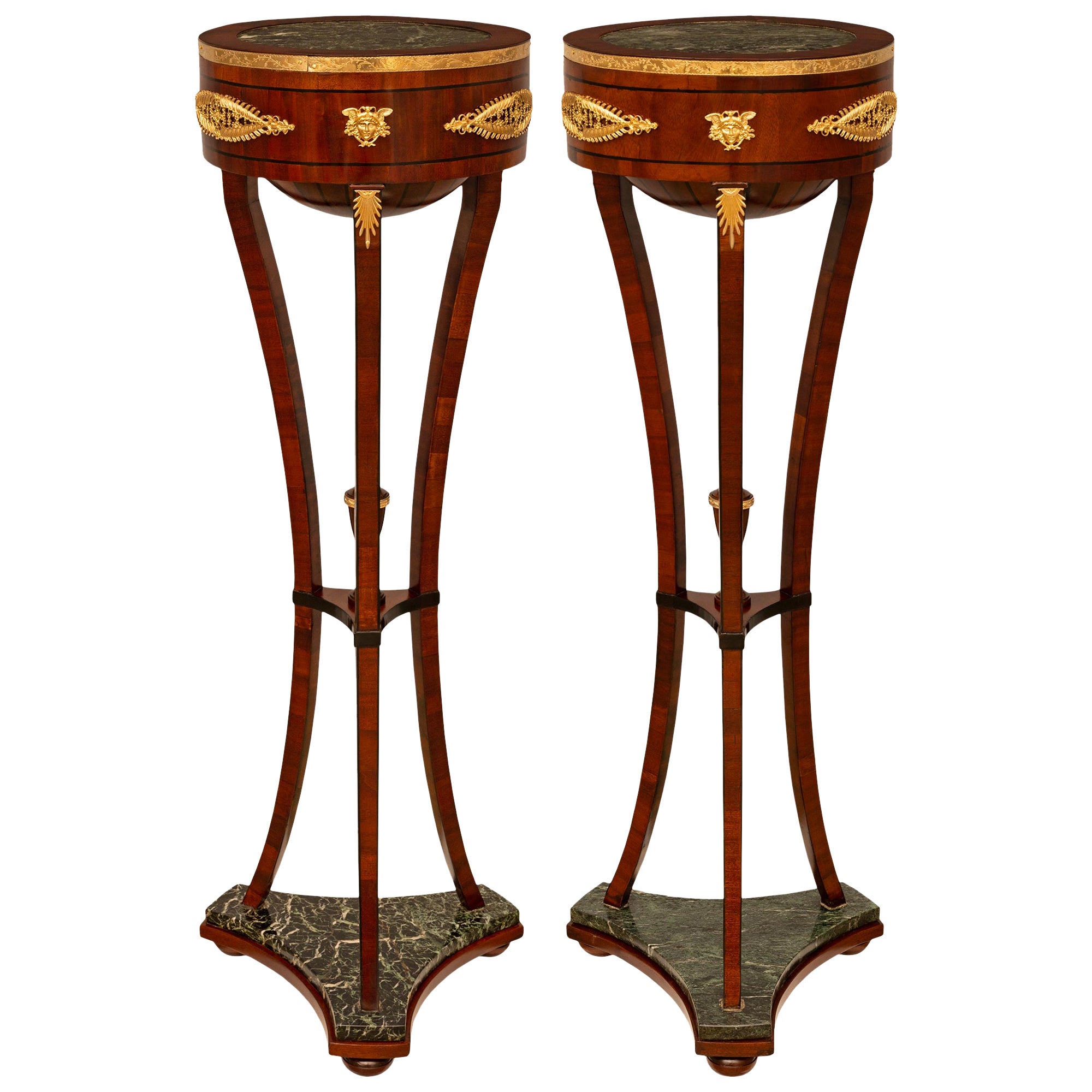 Pair Of Baltic 19th c. Neo-Classical St. Ormolu, Mahogany, And Marble Pedestals For Sale