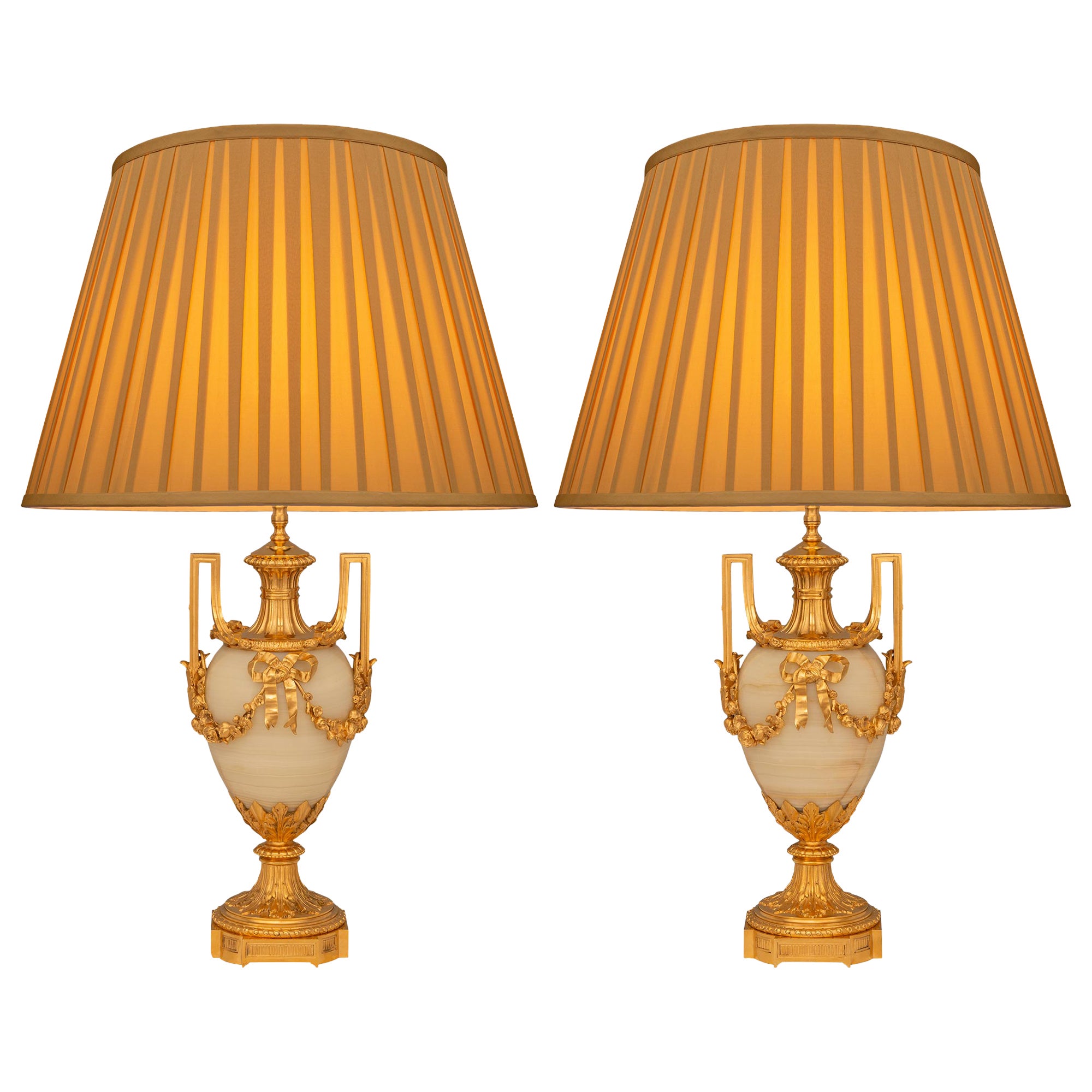 Pair Of French 19th Century Louis XVI St. Ormolu And Onyx Lamps For Sale