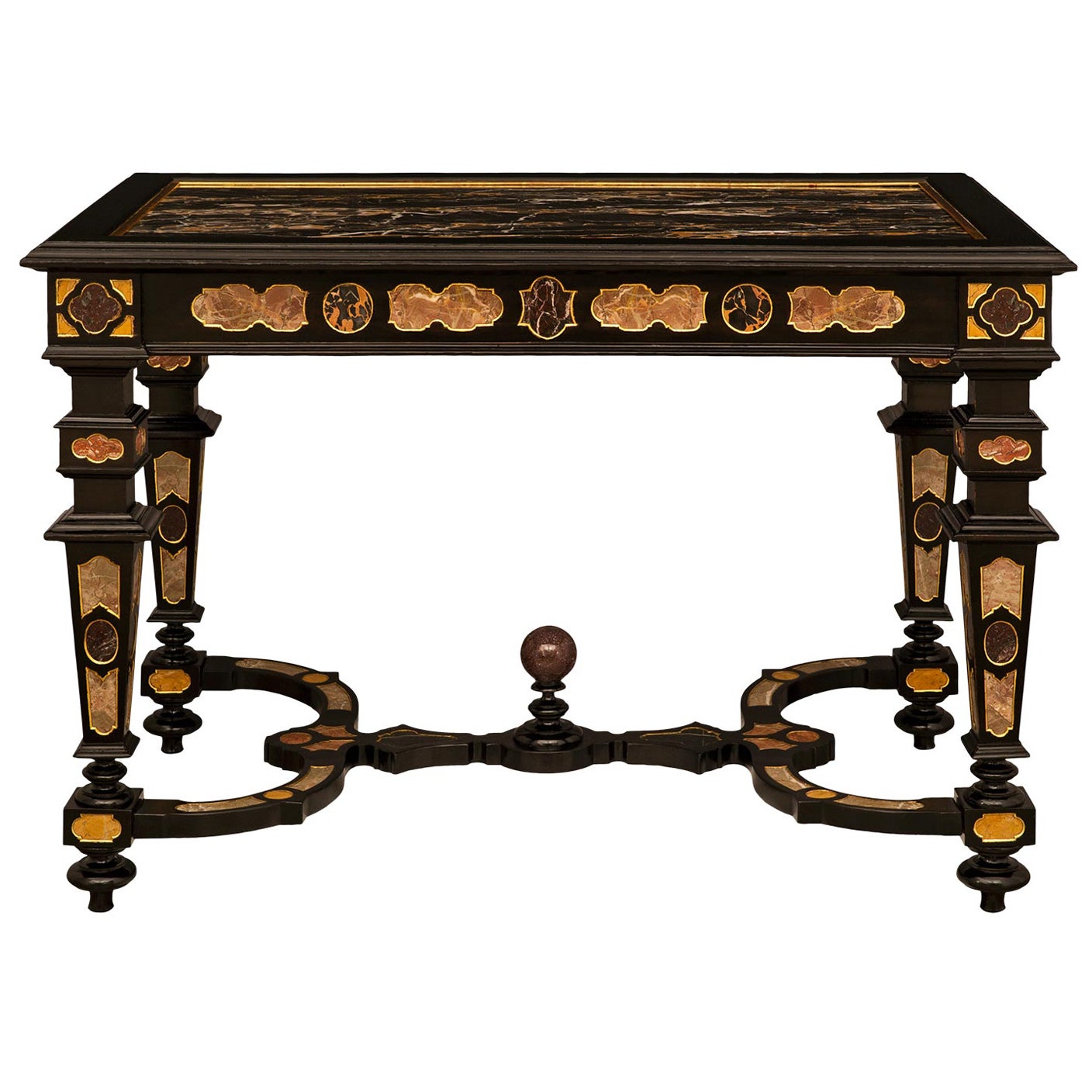 A.I.C.. Table centrale baroque en bois fruitier ébénisé et marbre Portoro en vente