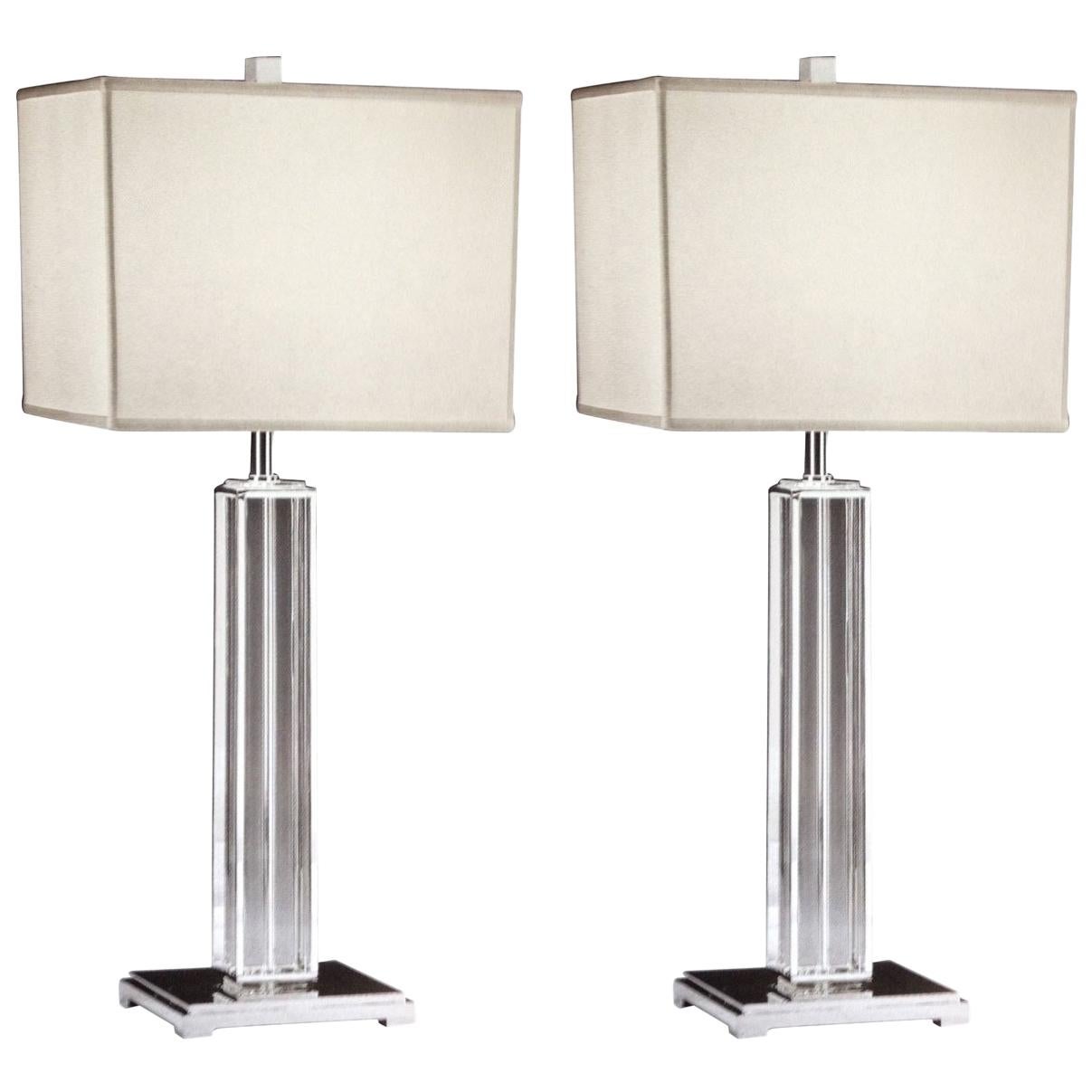 Italian Mid-Century Modern Neoclassical Silver & Crystal Column Table Lamps Pair