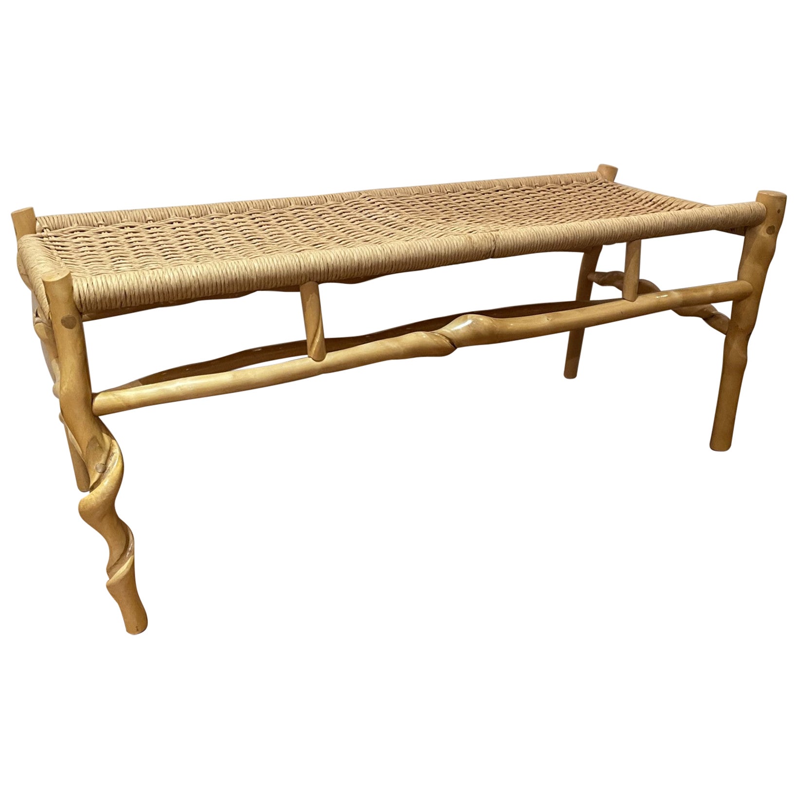  The Twisted Sassafras Wood & Rush Seat Bench, by Studio  Artist, David Ebner  For Sale